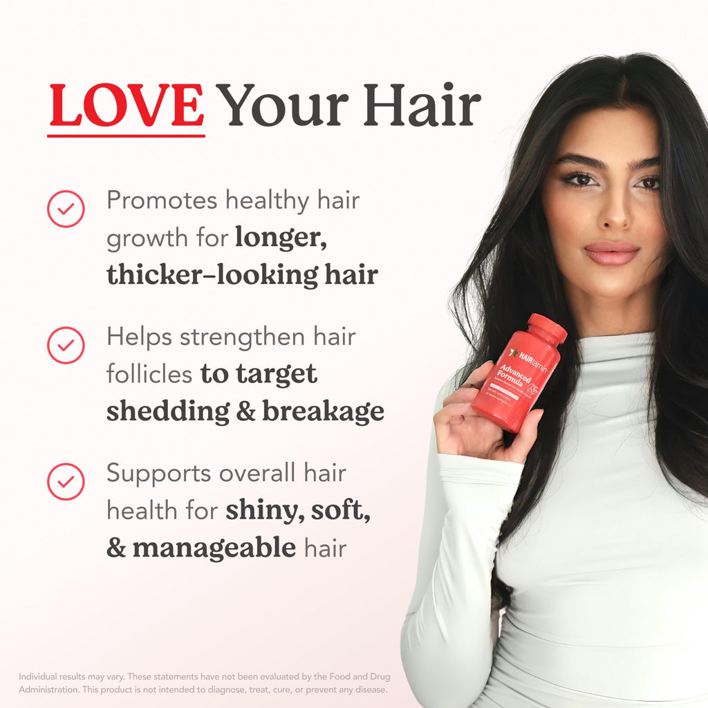 HAIRtamin Advanced Formula Hair Growth Supplement for Women & Men, Supports Stronger, Longer, Visibly Thicker Hair, with 5000 mcg Biotin, Vitamins & Antioxidants, 100% Vegan – 3 Month Supply