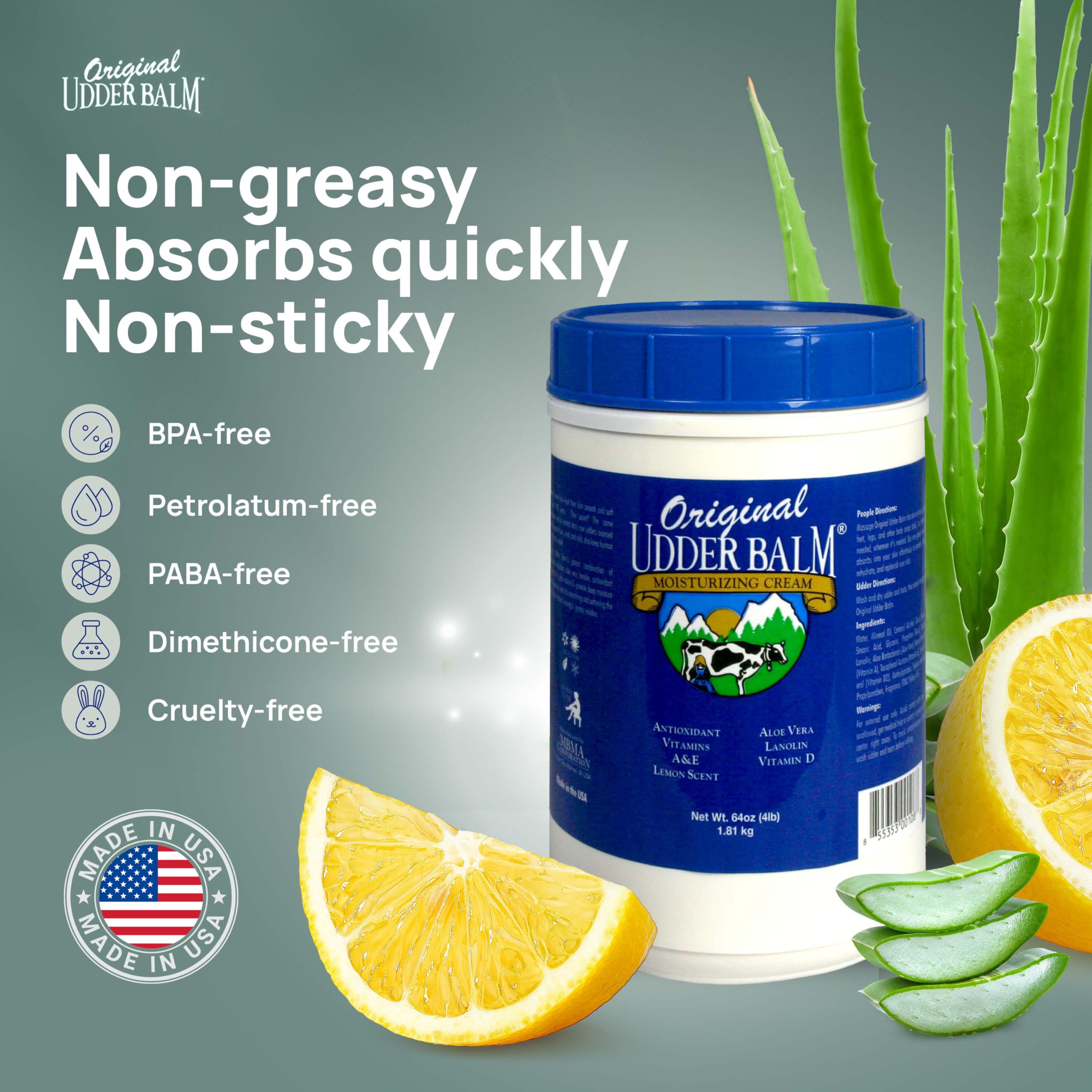 Original Udder Balm Refill Tub - Made in USA - Extra Thick Udder Cream & Hand Balm for Dry Skin, Cracked Heels, Rough Hands – Deep Moisture Heel Cream & Foot Moisturizer with Aloe Vera, 64 Fl Oz
