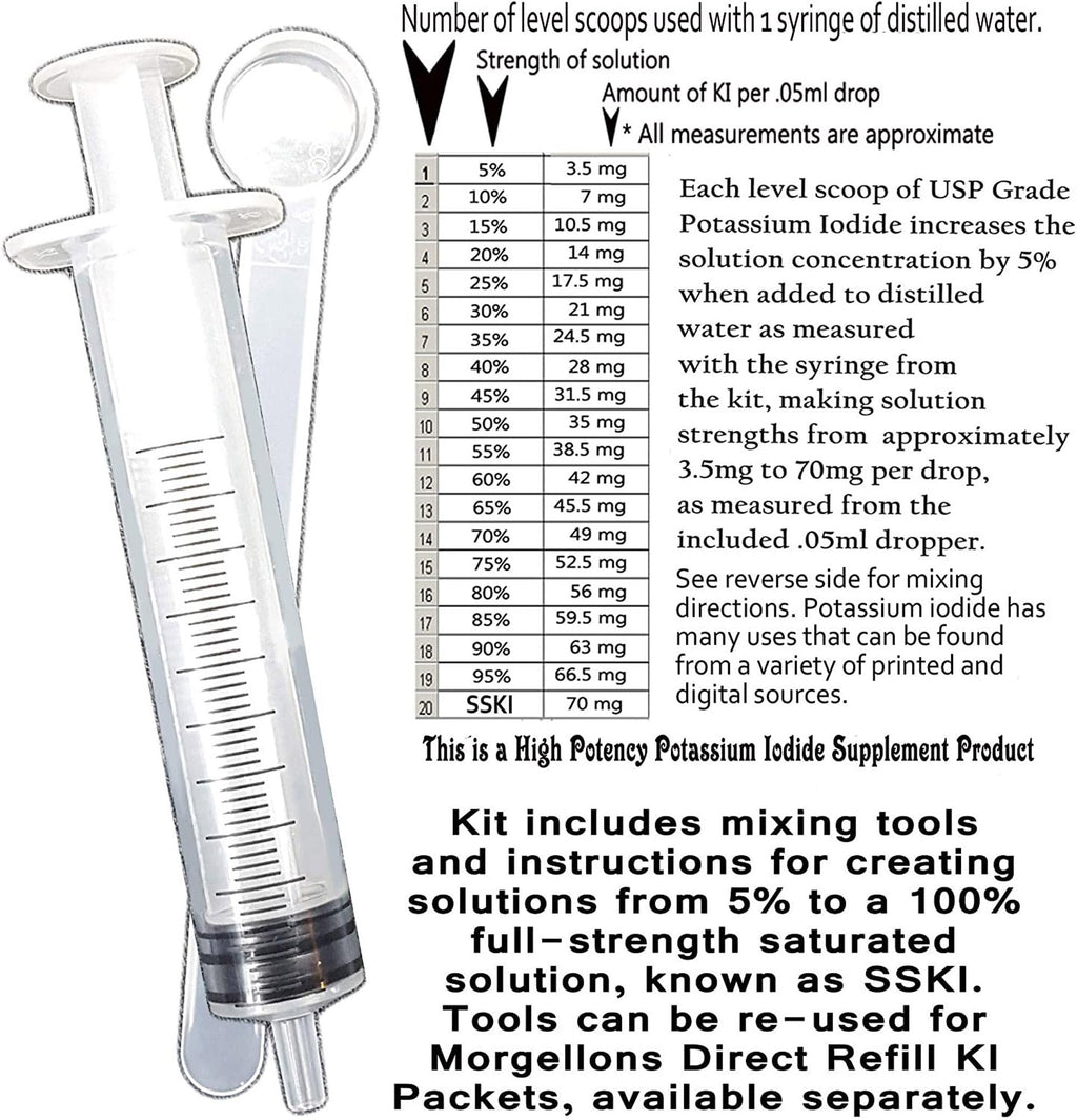 Morgellons Direct SSKI Iodine Potassium Iodide Solutions Mixing Kit Includes Necessary Tools and pre-Measured Dietary Supplement Potassium Iodide Crystals. Just add Distilled Water.