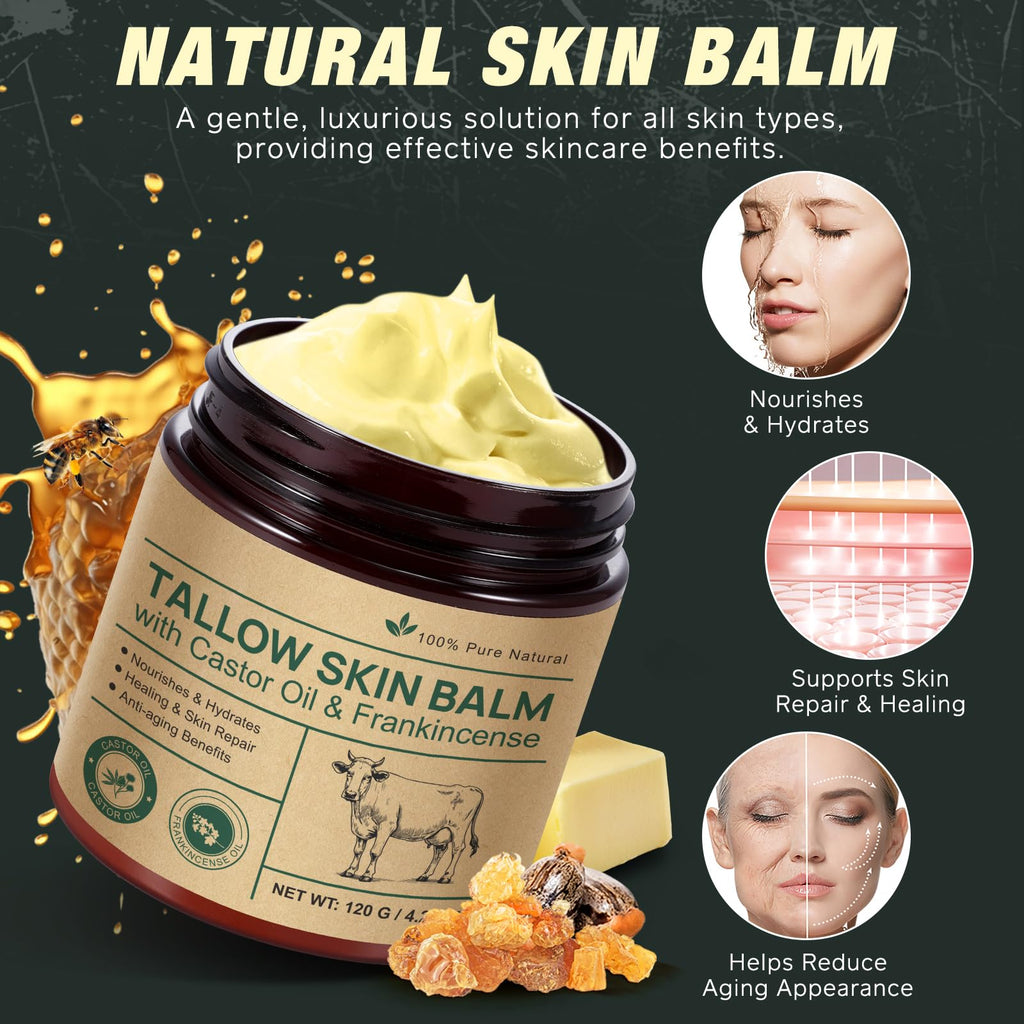 Tallow Balm With Castor Oil and Frankincense Balm, 100% Grass-Fed Beef Tallow Skin Care, Face & Body Moisturizer Cream for Skin, Nourish & Repairing Dry Skin