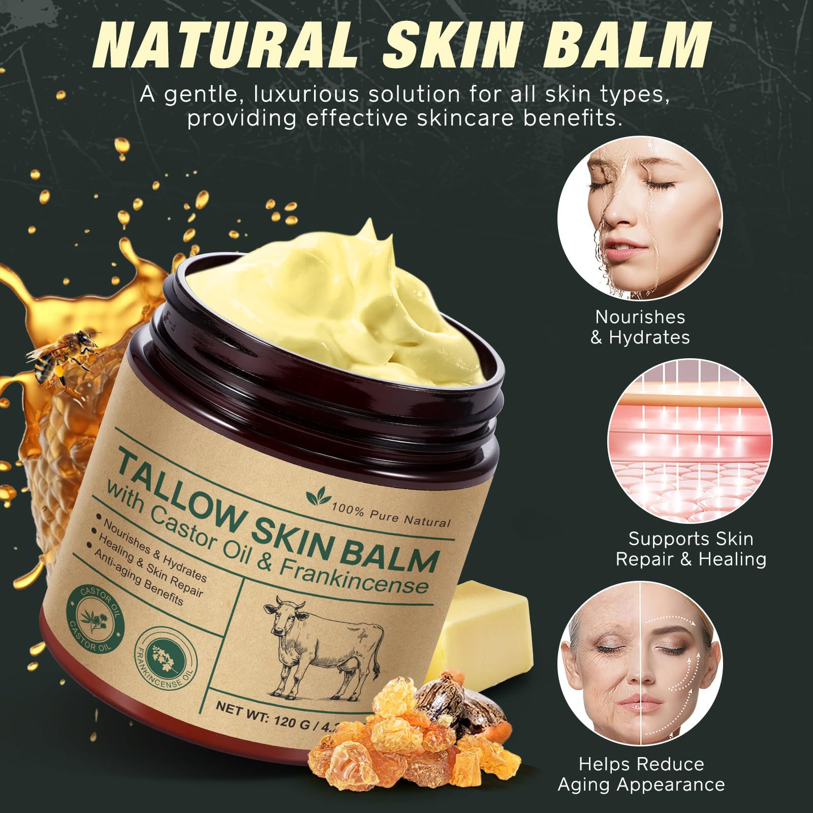 Tallow Balm With Castor Oil and Frankincense Balm, 100% Grass-Fed Beef Tallow Skin Care, Face & Body Moisturizer Cream for Skin, Nourish & Repairing Dry Skin