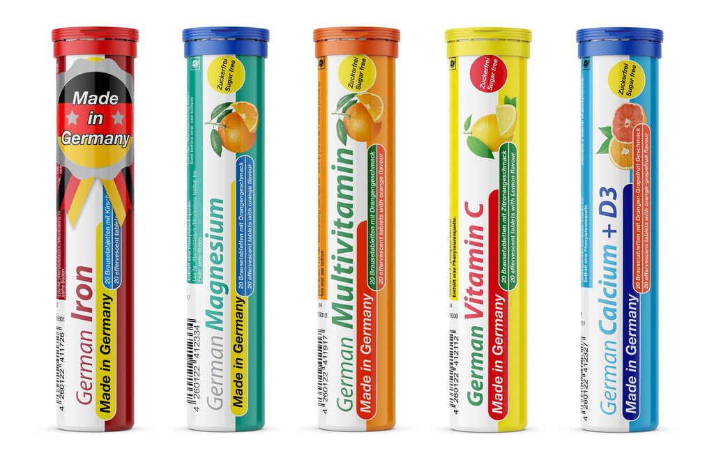 T&D German Vitamin, Minerals - 100 Vegan/Vegetarian Drink Effervescent Tablets - Mixed Fruit Flavor Box - Made in Germany