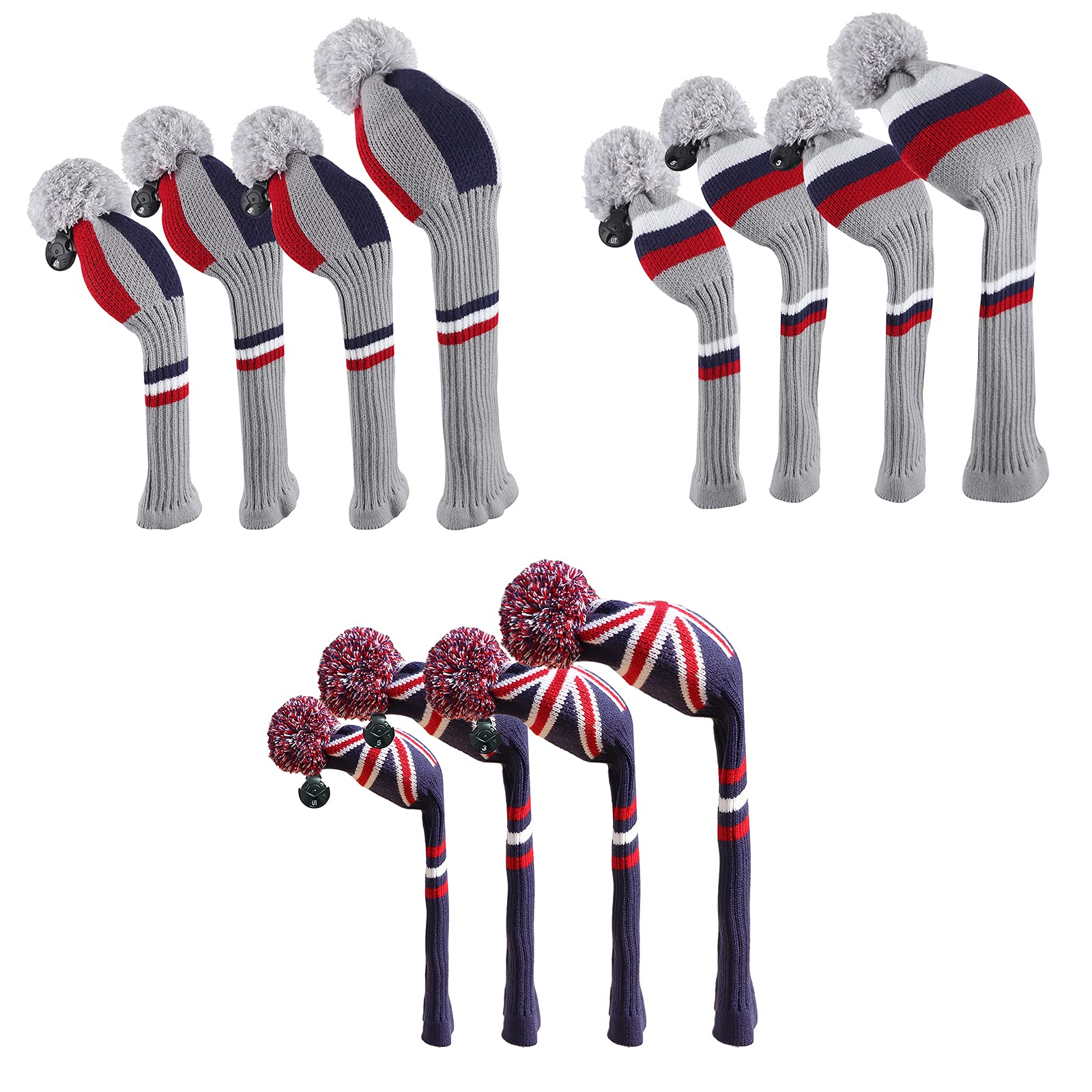 Big Teeth Golf Wood Club Headcovers Knitted PomPom Set 4packs 460cc Driver Fairwaywood Hybrid UT Rescue Club Protection Flag Design(UK Flag)