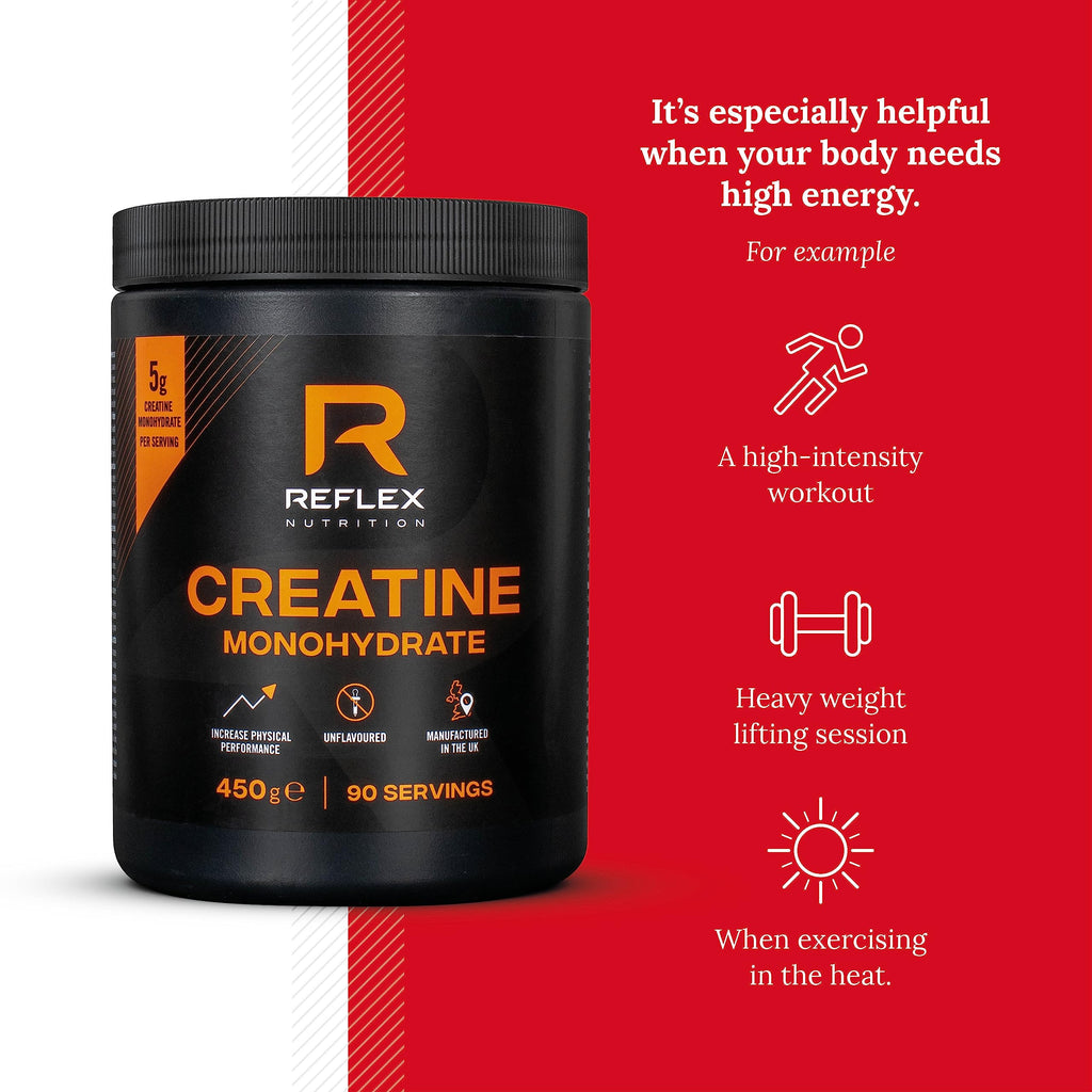 Reflex Nutrition Creatine Monohydrate Powder Unflavoured - Performance Enhancing 100% Creatine for Muscle Gains & Recovery - No Fillers or Additives - 450g (Vegan Creatine 5g per Serving, 90 Servings)