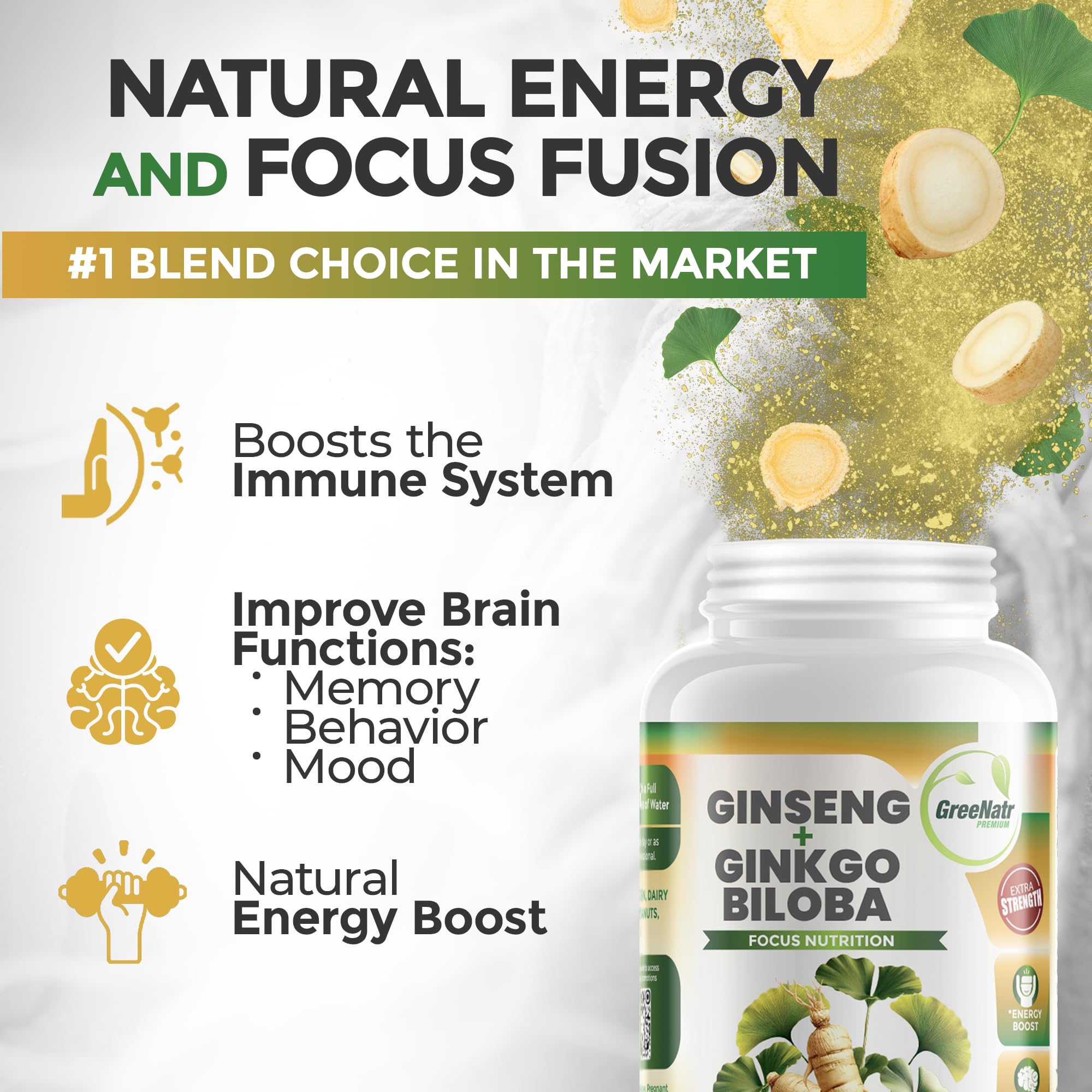 GreeNatr Ginko Biloba & Panax Ginseng Supplement - Red Ginseng Brain Supplement for Memory and Focus - Ginkgo Biloba Supplements for Good Vision, Immune System and Improved Blood Flow - 3 Bottles