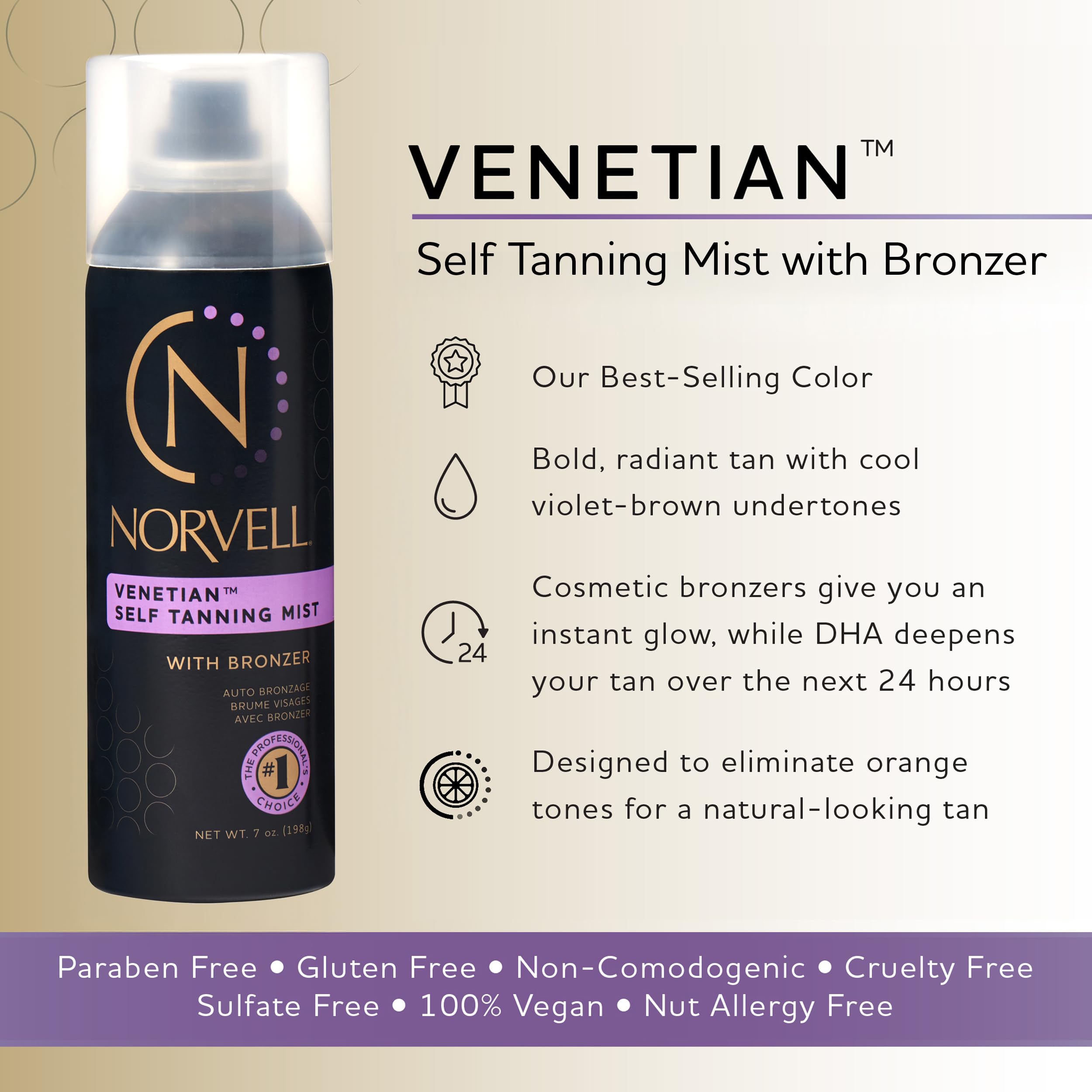 Norvell Venetian Sunless Self Tanner Mist 7 fl oz – Airbrush Spray Tanning Solution with Bronzer for Instant Sun Kissed Glow, Natural Looking Fake Tan, Streak Free, Long Lasting Color