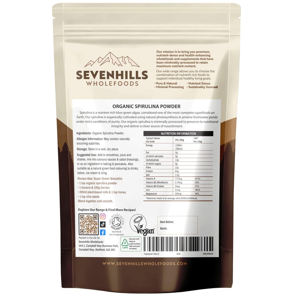 Sevenhills Wholefoods Organic Spirulina Powder 500g | Certified Organic | Nutrient-Dense | 100% Pure & Natural