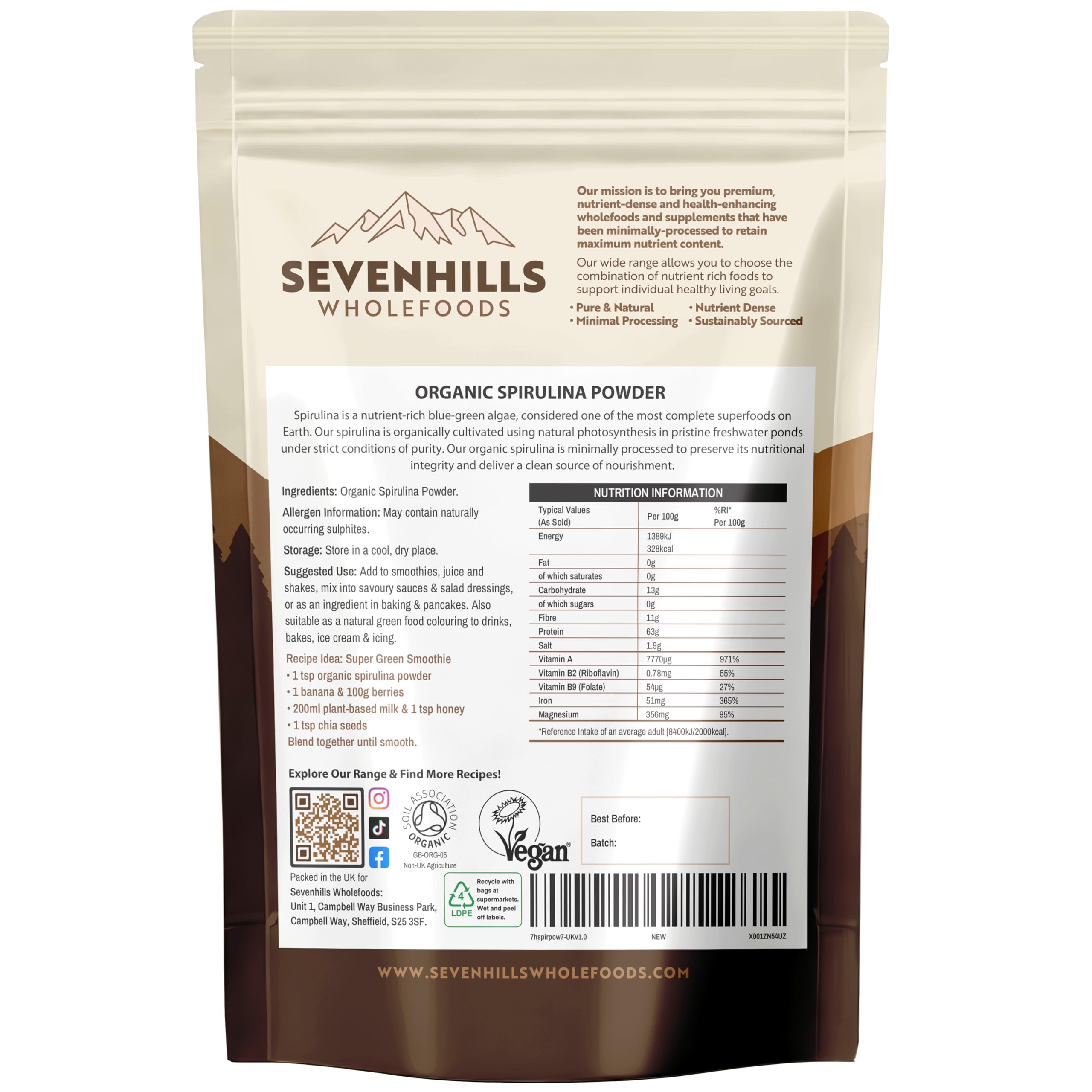 Sevenhills Wholefoods Organic Spirulina Powder 500g | Certified Organic | Nutrient-Dense | 100% Pure & Natural