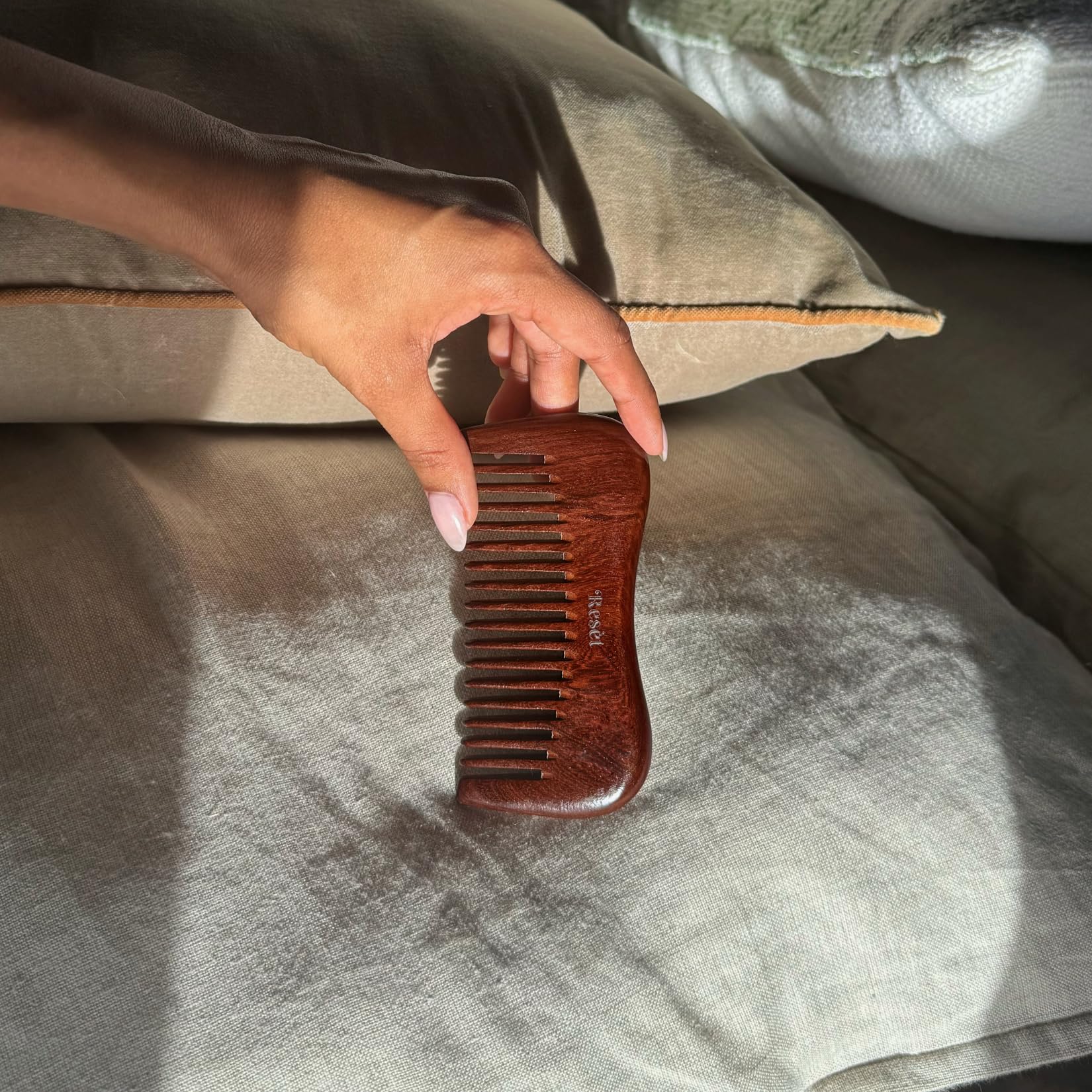 Resèt 100% Natural Handmade Sandalwood Comb | Soft Wide Tooth Wooden Comb | Eco-Friendly Anti-Static Wooden Massage Comb | Wooden Hair Detangler for Men and Women