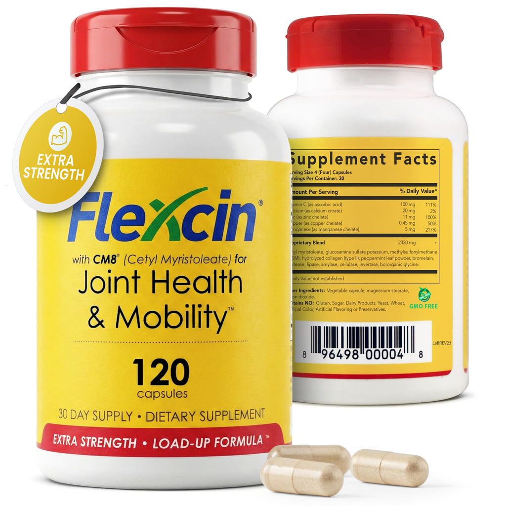 Flexcin Extra Strength Joint Formula with CM8 (Cetyl Myristoleate) - Joint Supplements for Men and Women with Glucosamine, MSM, Collagen Type II - 120 Capsules