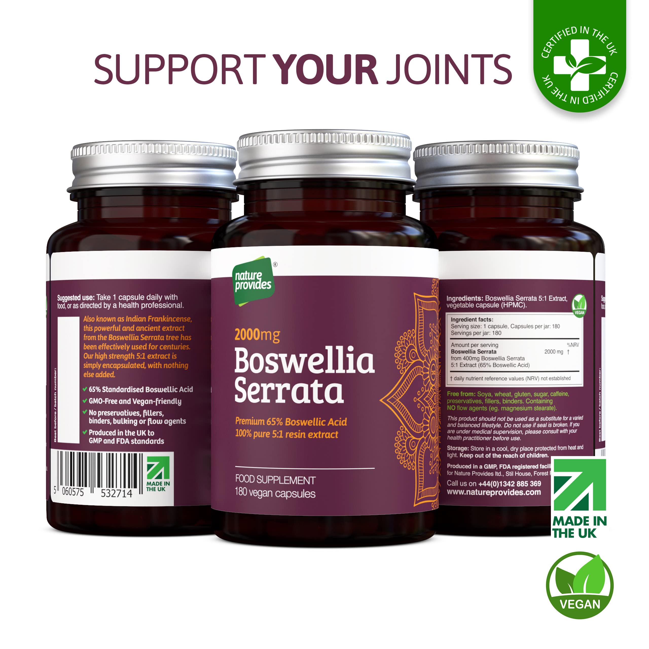 High Strength Boswellia Serrata Capsules 5:1 Extract 2500mg - 65% Standardised Boswellic Acid, Indian Frankincense, 240 Vegan Capsules - 4 Months Supply - Anti Inflammatory Joint Care - UK Made
