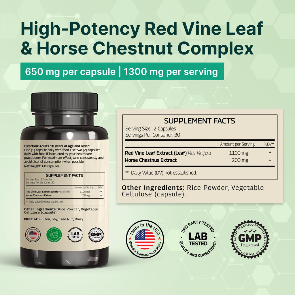 VINATURA Red Vine Leaf Extract - Horse Chestnut, 1300mg/serving, Circulation and Vein Support for Healthy Legs - Helps Blood Flow, Leg Circulation - 60 Capsules (30 Servings)