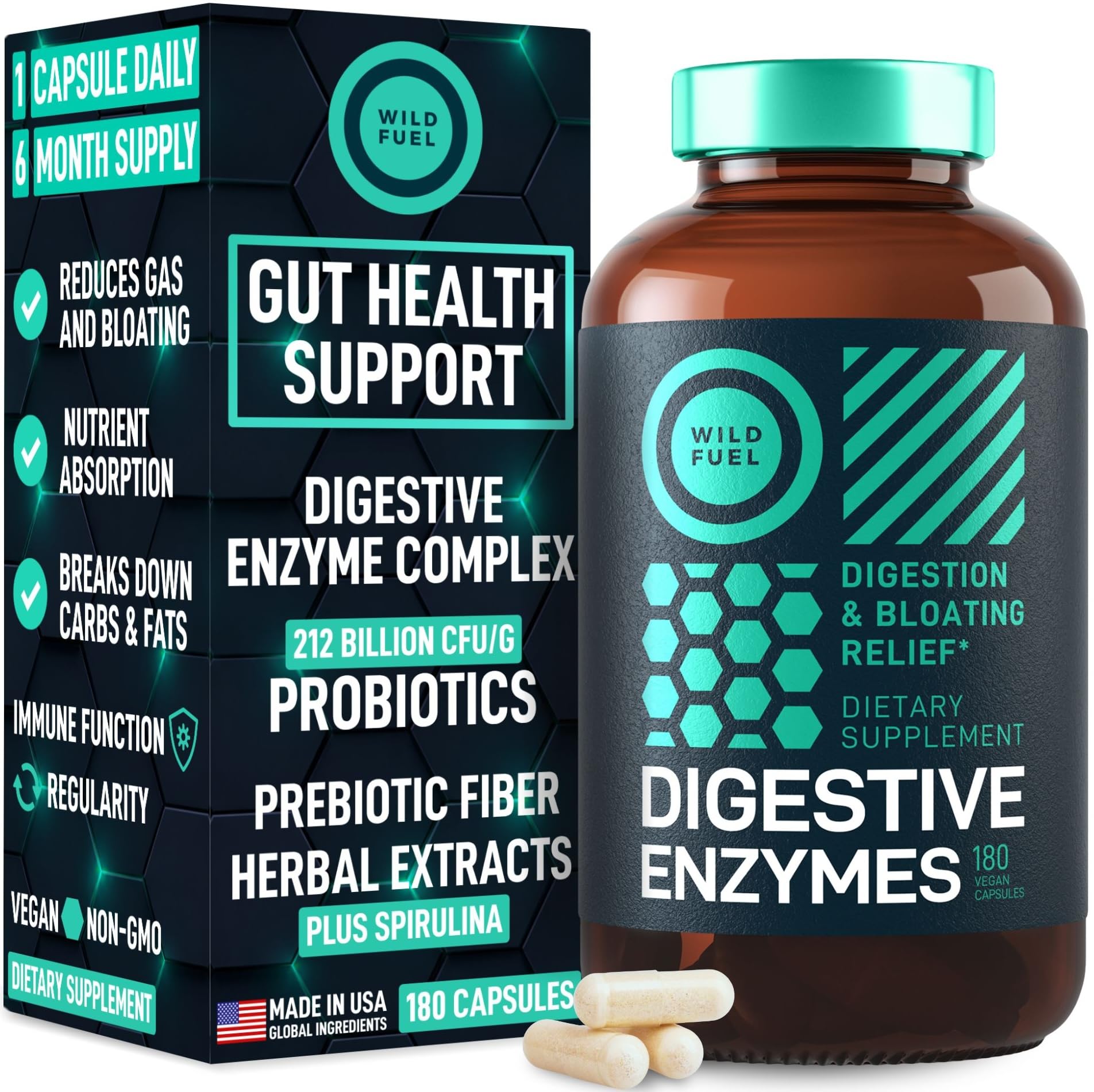 Complete Digestive Enzymes for Women & Men - 800mg Vegan Digestive Enzymes and Probiotics Prebiotics - Bloating Support, Gut Health & Digestion Supplement with Artichoke, Ginger, Papaya - 180 Capsules