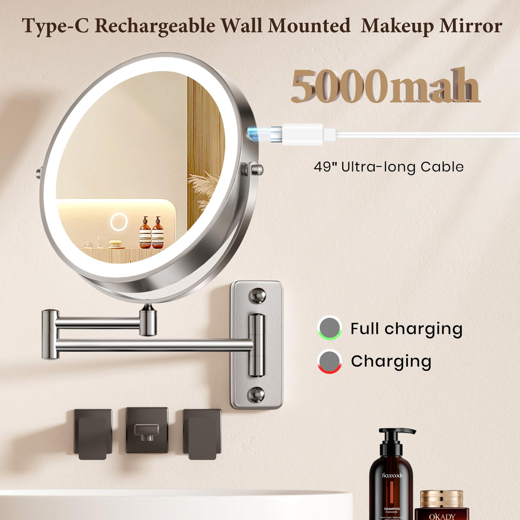 9" Large Wall Mounted Lighted Makeup Mirror, 5000mAh Rechargeable 1X/15X Magnifying Mirror with 3 Color Lights Touch Dimmable, Extended Arm 360° Rotation Bathroom Wall Mounted Makeup Mirror, Nickel
