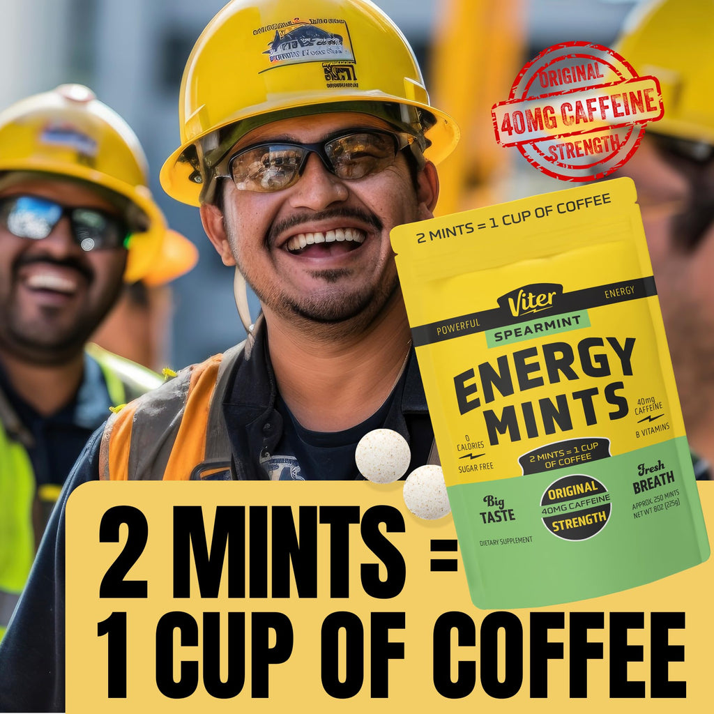 Viter Energy 40mg Caffeine Mints - Sugar Free, B Vitamins, Vegan, Boosts Fast Energized Alert Focus, Caffeinated Nootropic Supplement Pills (Spearmint Flavor, 8oz, Bulk Bag)