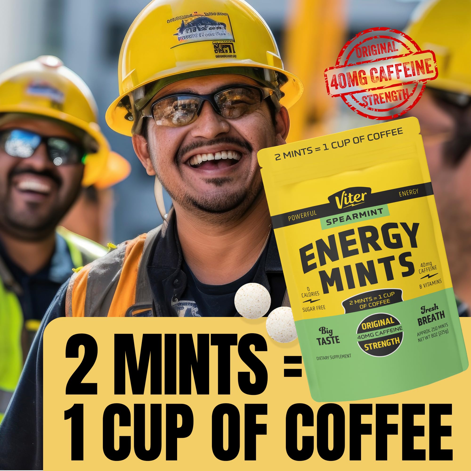 Viter Energy 40mg Caffeine Mints - Sugar Free, B Vitamins, Vegan, Boosts Fast Energized Alert Focus, Caffeinated Nootropic Supplement Pills (Spearmint Flavor, 8oz, Bulk Bag)
