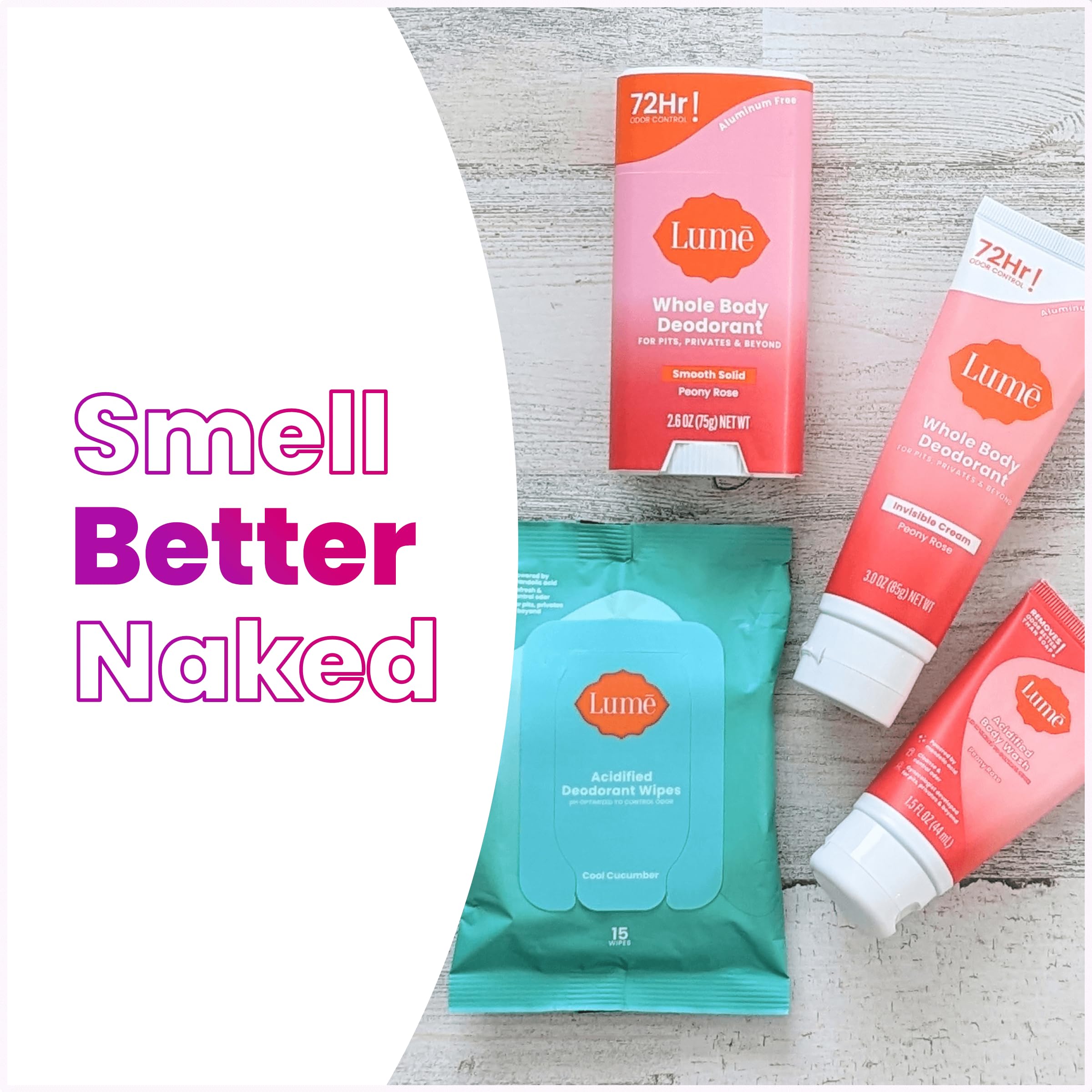 Lume Skin Care Gift Set for Women, Whole Body Deodorant Starter Pack - Smooth Solid Stick, Invisible Cream Tube, Acidified Body Wash Mini & Deodorant Wipes - Aluminum Free Odor Control (Peony Rose)