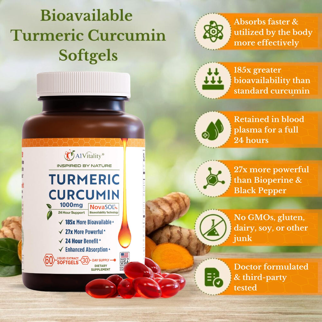 A1Vitality NovaSOL Turmeric Curcumin 1000mg – Clinically Proven 185x Higher Absorption – Promotes Joint Comfort, Mobility & Overall Wellness – Non-GMO, Doctor Formulated, 60 Softgels.