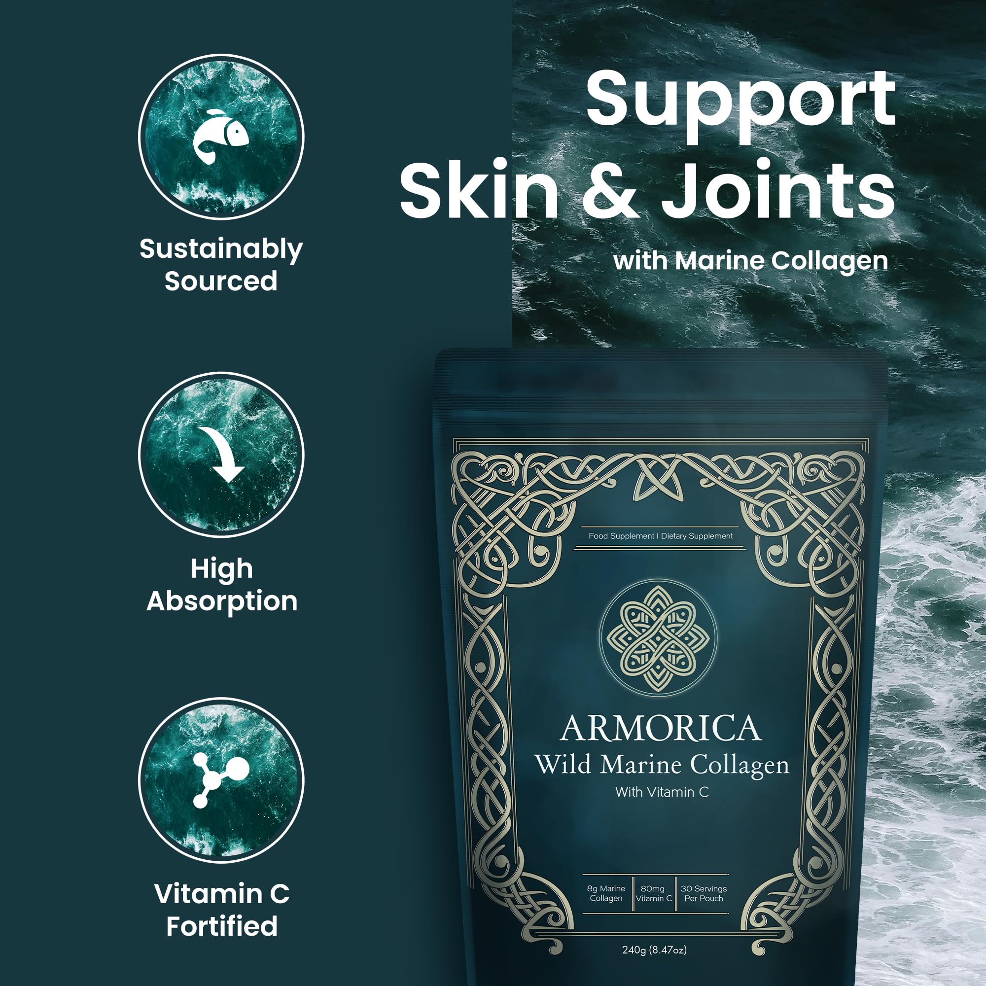 Marine Collagen Powder with Vitamin C – Hydrolyzed for Optimal Absorption | Unflavored & Easily Dissolves | Non-GMO & Microplastic Tested | Skin, Hair & Joint Support | 240g (30 Servings)