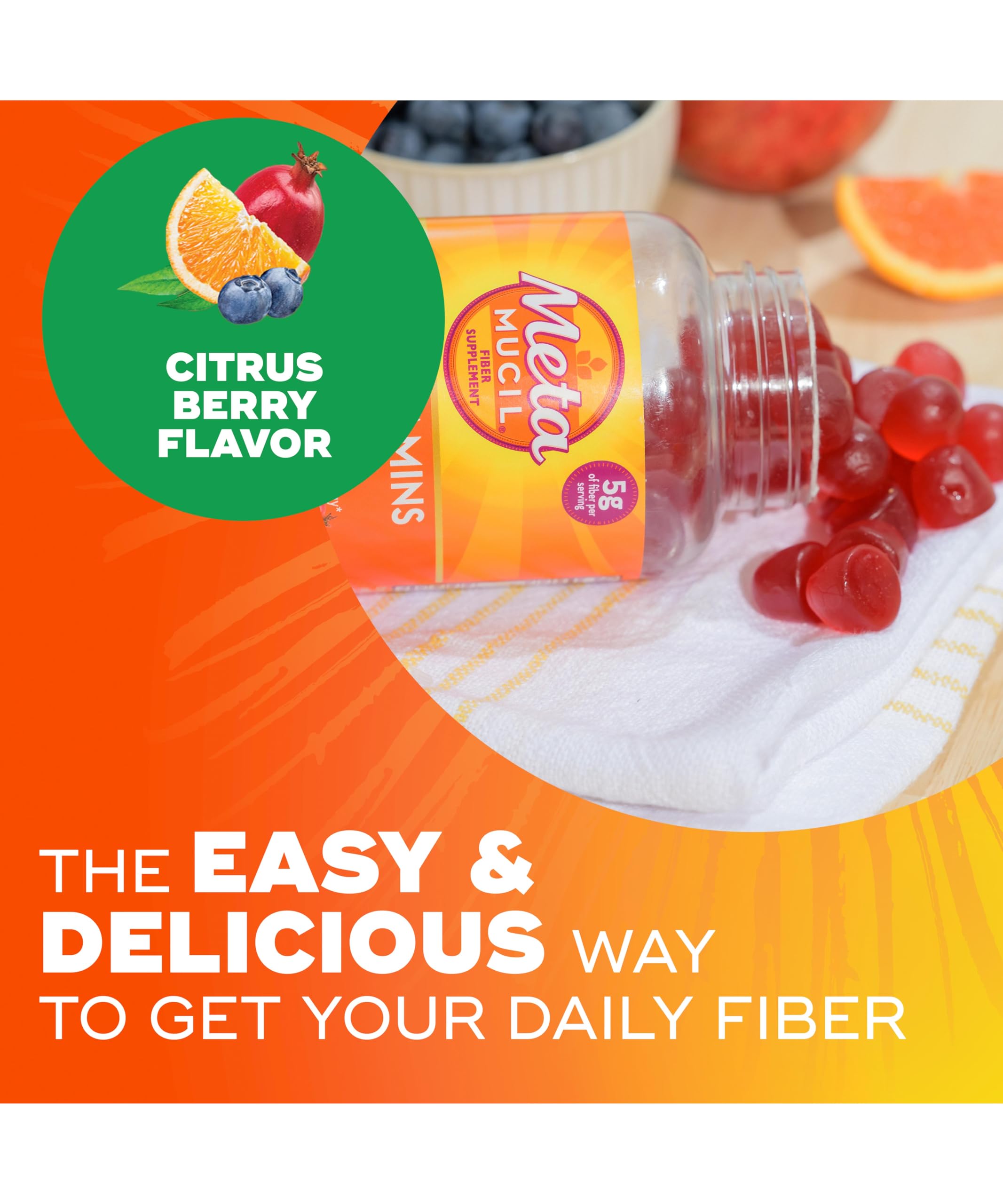 Metamucil Fiber Gummies for Adults with Vitamins C, D, B12 for Metabolism, No Sugar Added Citrus Berry Flavor, 5g Plant Based Prebiotic Fiber Supplement Blend, 120 Count