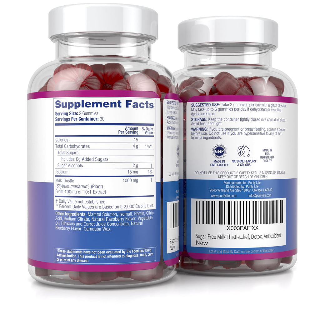 Sugar-Free Milk Thistle Gummies for Liver Cleanse Detox & Repair (Natural Blueberry-Raz Flavor) Cardo Mariano, Cleansing Milk Thistle Supplement, Antioxidant Support, Vegan, Replaces Pills & Capsules