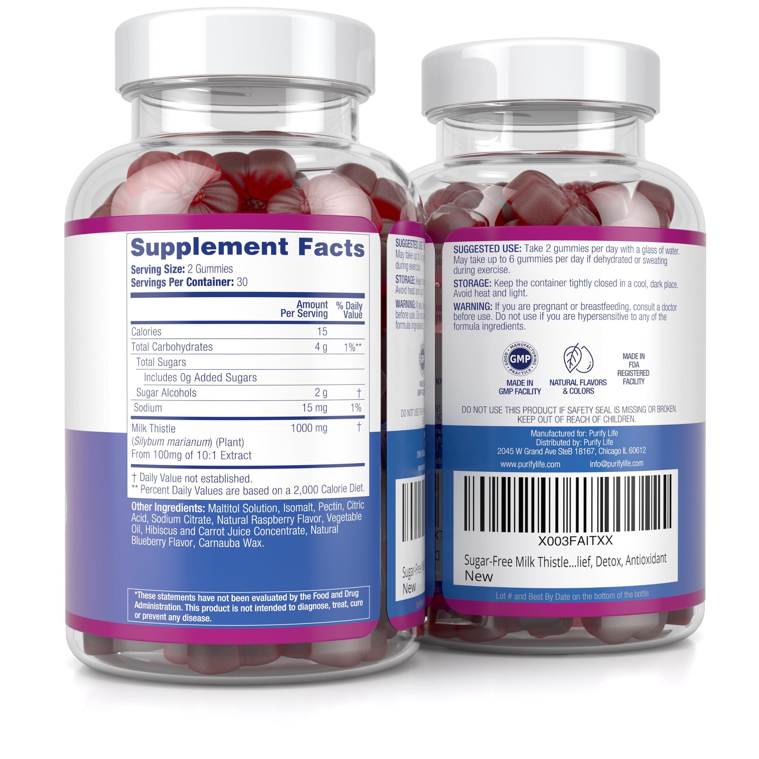 Sugar-Free Milk Thistle Gummies for Liver Cleanse Detox & Repair (Natural Blueberry-Raz Flavor) Cardo Mariano, Cleansing Milk Thistle Supplement, Antioxidant Support, Vegan, Replaces Pills & Capsules