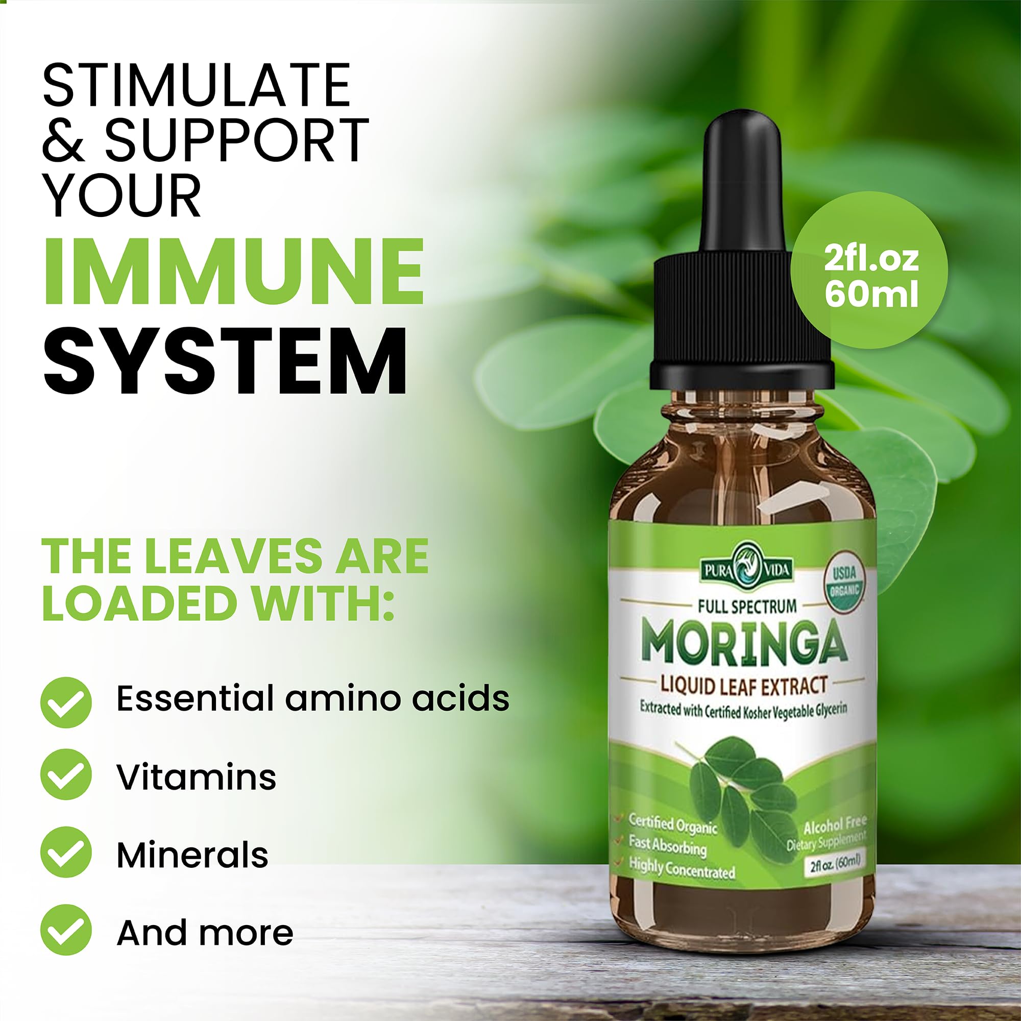 PURA VIDA MORINGA Leaf Extract Liquid Drops - USDA Organic Certified - Highly Purified, Bioavailable & Faster Absorption than Moringa Powder or Capsules - Single Origin Moringa Oleifera Leaves Extract