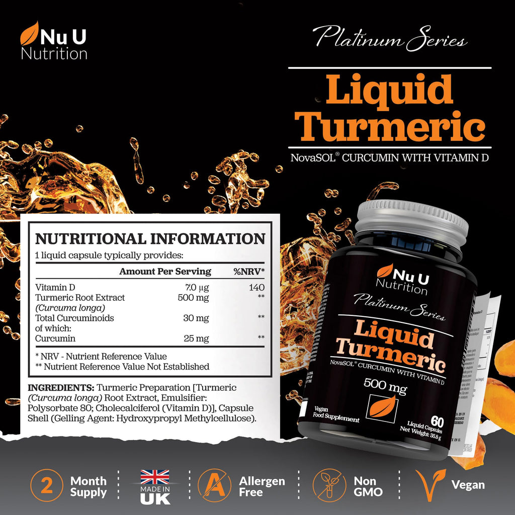 NovaSOL® Curcumin - Liquid Turmeric with Vitamin D - 60 Vegetarian Capsules - 185x More Bioavailability - High Strength Tumeric Supplement - Made in The UK - Nu U Nutrition