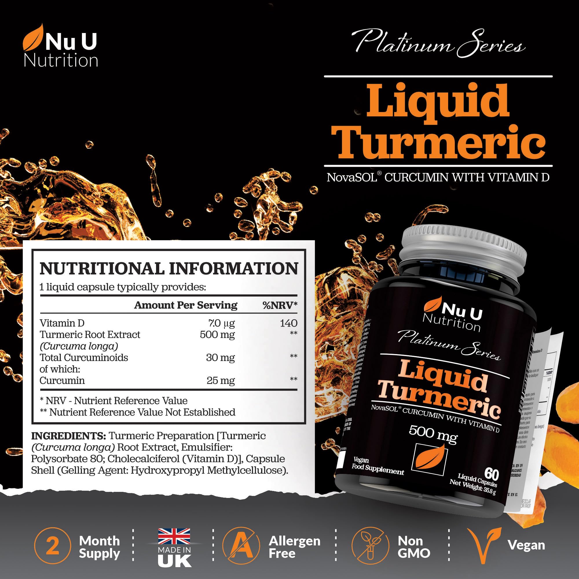 NovaSOL® Curcumin - Liquid Turmeric with Vitamin D - 60 Vegetarian Capsules - 185x More Bioavailability - High Strength Tumeric Supplement - Made in The UK - Nu U Nutrition