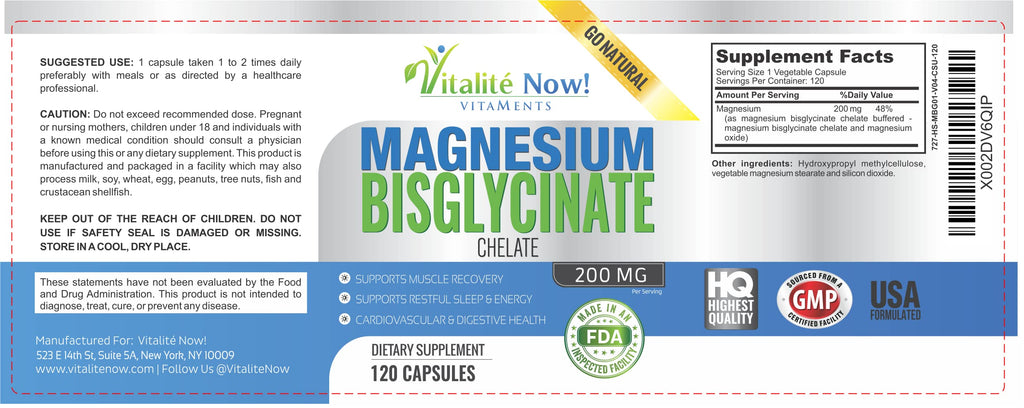 Vitalité Now! Magnesium Bisglycinate 200mg - 100% Chelated Capsules for Superior Absorption - Gentle Formula, No Laxative Effect - Sleep Energy Cramps Muscle Support - Fully Reacted & Buffered