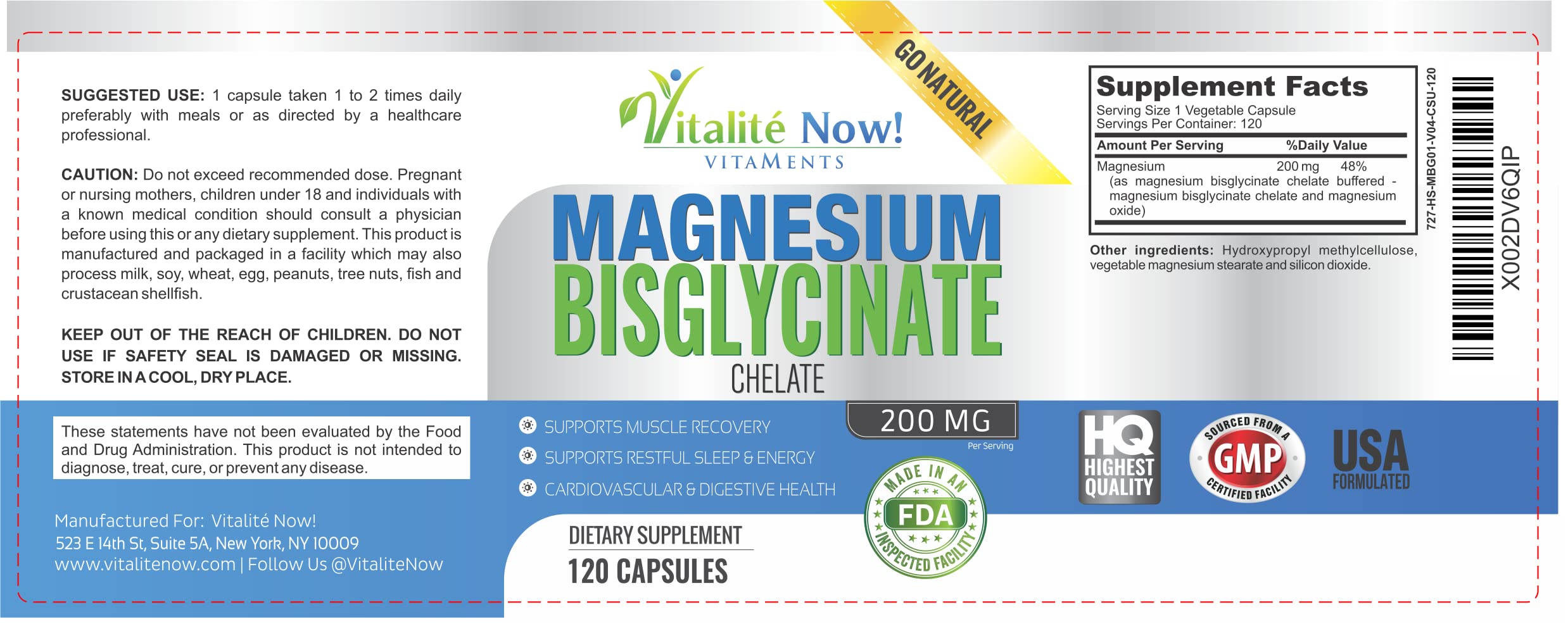 Vitalité Now! Magnesium Bisglycinate 200mg - 100% Chelated Capsules for Superior Absorption - Gentle Formula, No Laxative Effect - Sleep Energy Cramps Muscle Support - Fully Reacted & Buffered