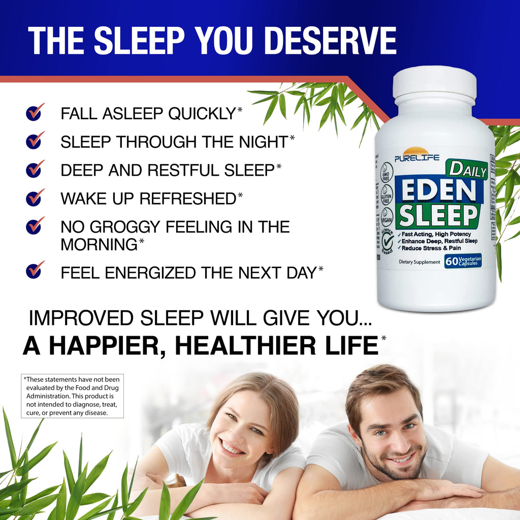 PureLife Supplements - Eden Daily Sleep [NEW GABA Free Formula] – Fall Asleep Faster, Relax Your Body, Promote Deep and Restful Sleep (60 Vegan Capsules)