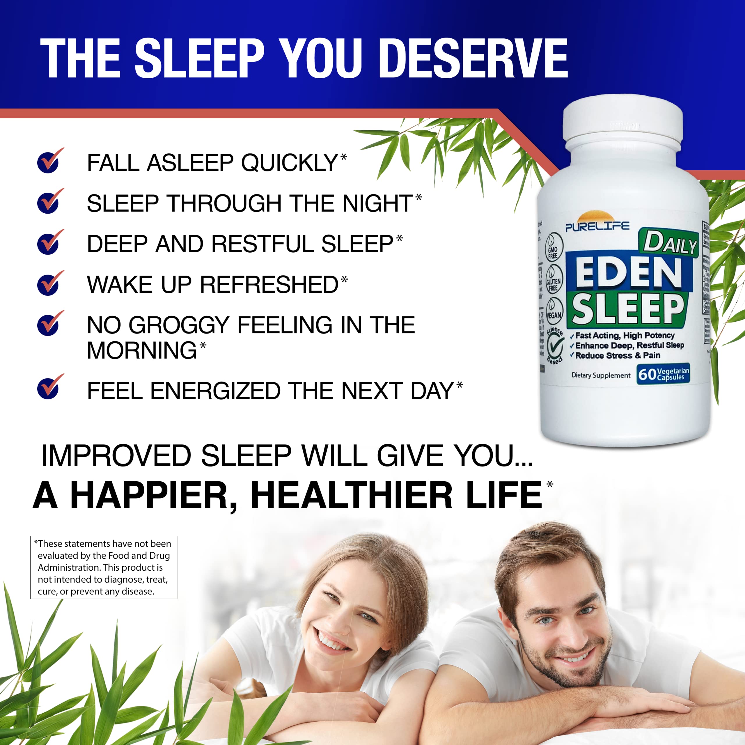 PureLife Supplements - Eden Daily Sleep [NEW GABA Free Formula] – Fall Asleep Faster, Relax Your Body, Promote Deep and Restful Sleep (60 Vegan Capsules)