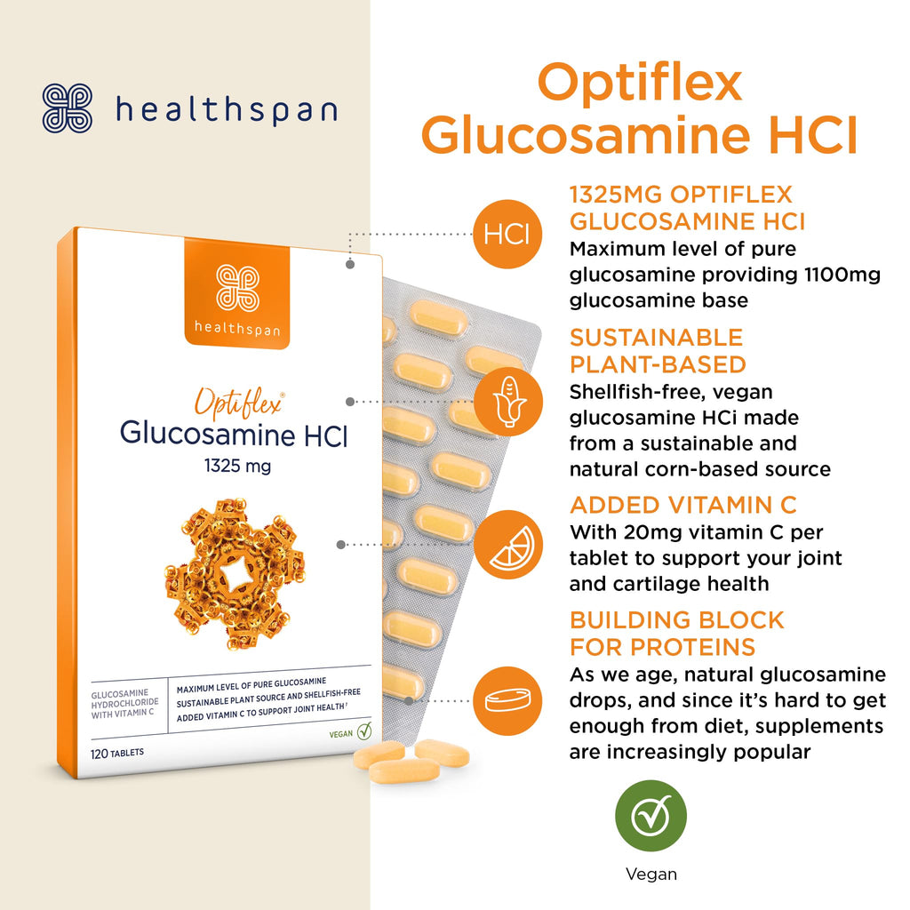 Healthspan Optiflex Glucosamine HCI 1,325mg with Vitamin C | Shellfish Free Vegan Tablets for Joint Health | 40% More glucosamine Than Glucosamine Sulphate | Added Vitamin C (120 Tablets)