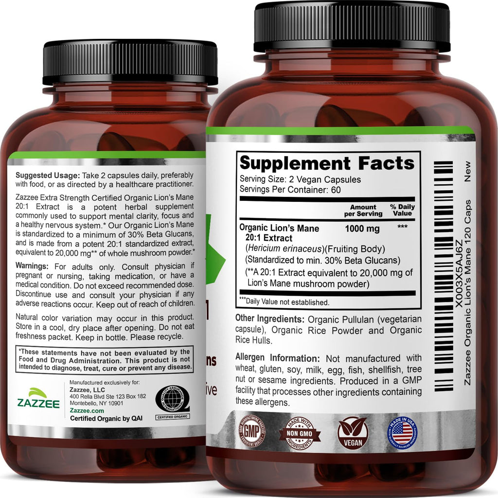 Zazzee USDA Organic Lion's Mane 20:1 Extract, 1000 mg Per Serving, 30% Beta Glucans, 120 Vegan Capsules, Nootropic for Brain Health, Focus, Memory & Immune Support, All-Natural, Non-GMO, Made in USA