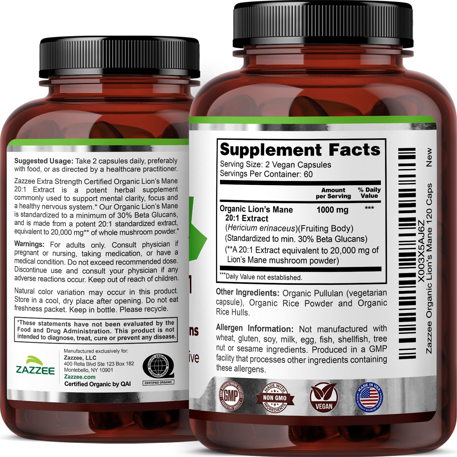 Zazzee USDA Organic Lion's Mane 20:1 Extract, 1000 mg Per Serving, 30% Beta Glucans, 120 Vegan Capsules, Nootropic for Brain Health, Focus, Memory & Immune Support, All-Natural, Non-GMO, Made in USA