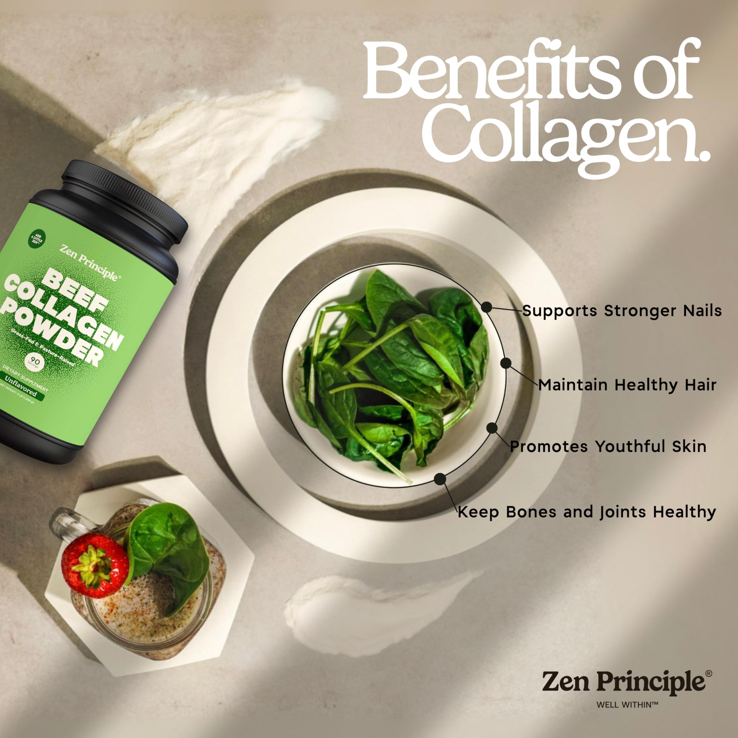 Zen Principle Grass-Fed Agglomerated Hydrolyzed Collagen Peptides 3 lb. Anti-Aging Protein for Healthy Hair, Skin & Joints. Paleo Friendly, GMO and Gluten Free, Pasture-Raised Bovine.