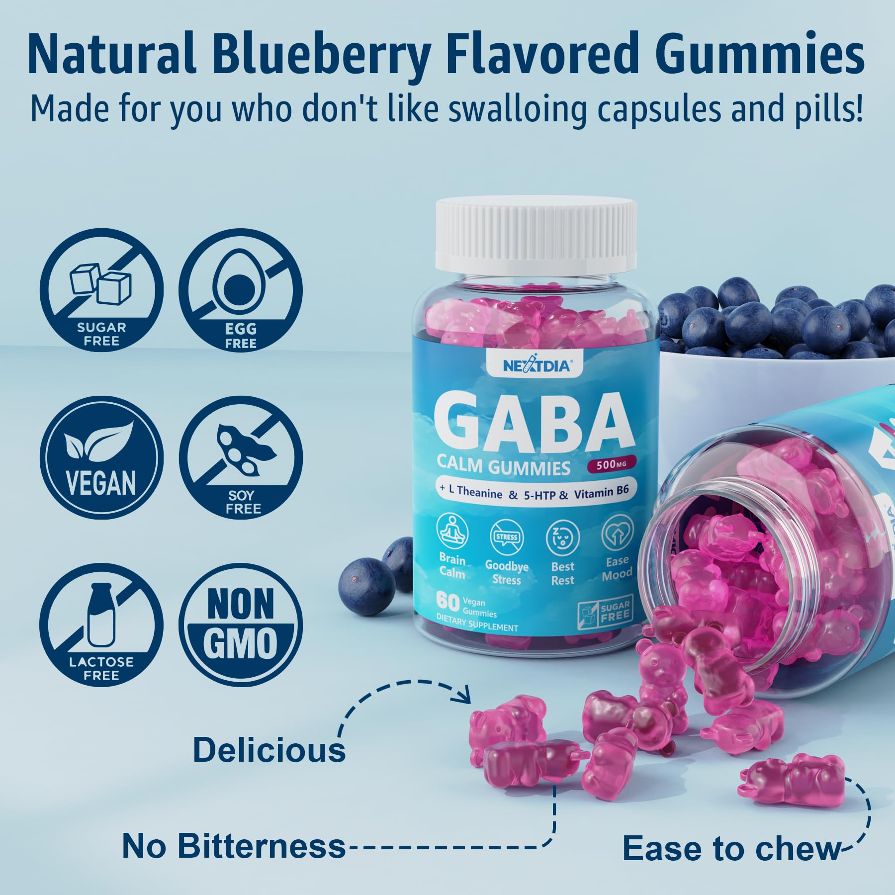 GABA Gummies 500 mg - Sugar-Free Calm Gummies with L Theanine, 5-HTP, Vitamins D3, B12, Ashwagandha, Melatonin-Free for Brain Calm, Mood, Zzz Better, GABA Supplement for Adult, Blueberry Flavor, 1Pack