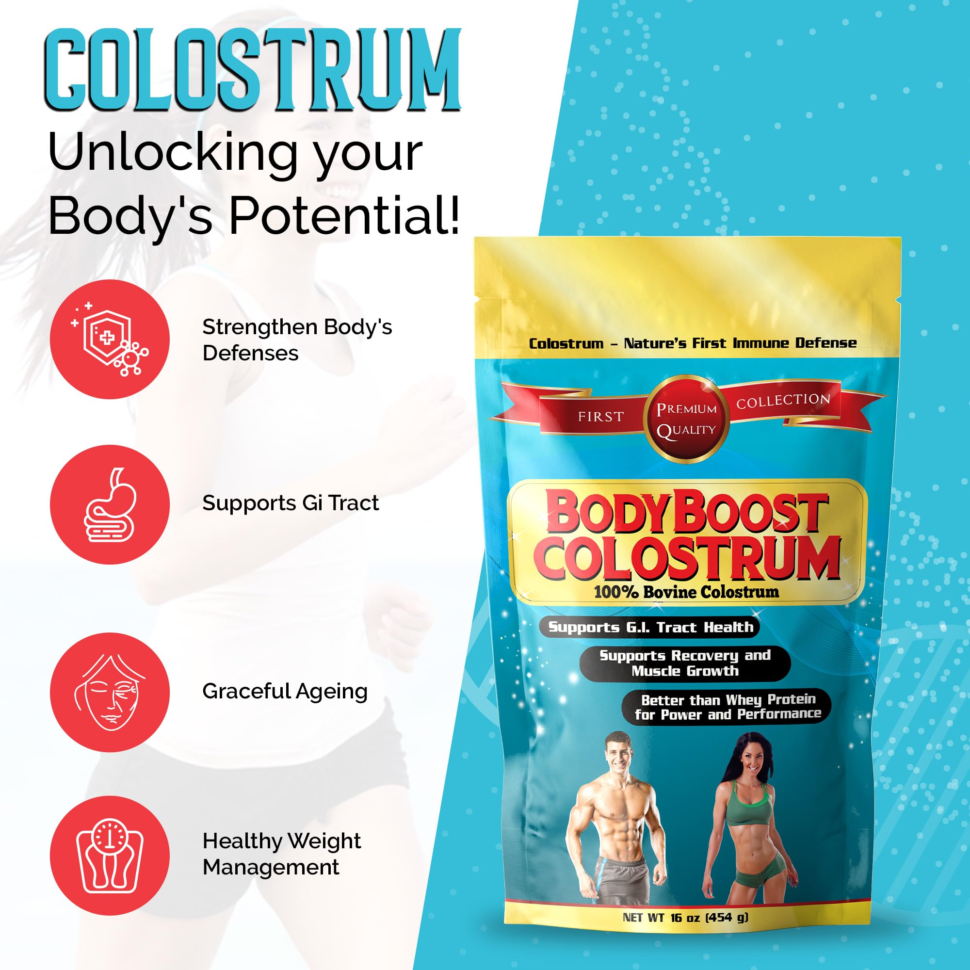 BodyBoost Whole Colostrum, 100% Bovine Colostrum Powder, Immune Booster with Immunoglobulin & Lactoferrin, Grass Fed Colostrum for Gut Health, 16 oz