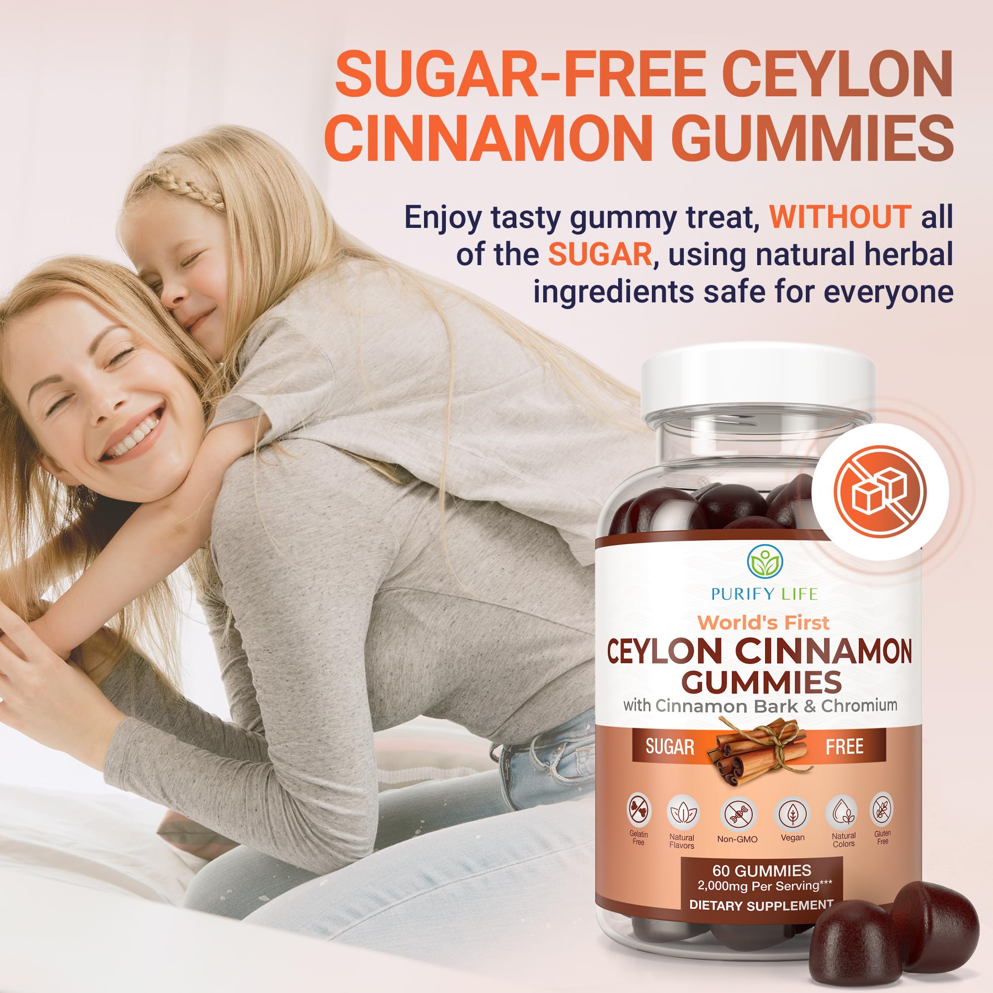 Sugar-Free Ceylon Cinnamon Gummies (2,000mg/Serving) – Vegan, Gluten-Free Herbal Cinnamon Supplement – Replace Cinnamon Capsules, Pills & Powders, 7-Keto – 60 Chews