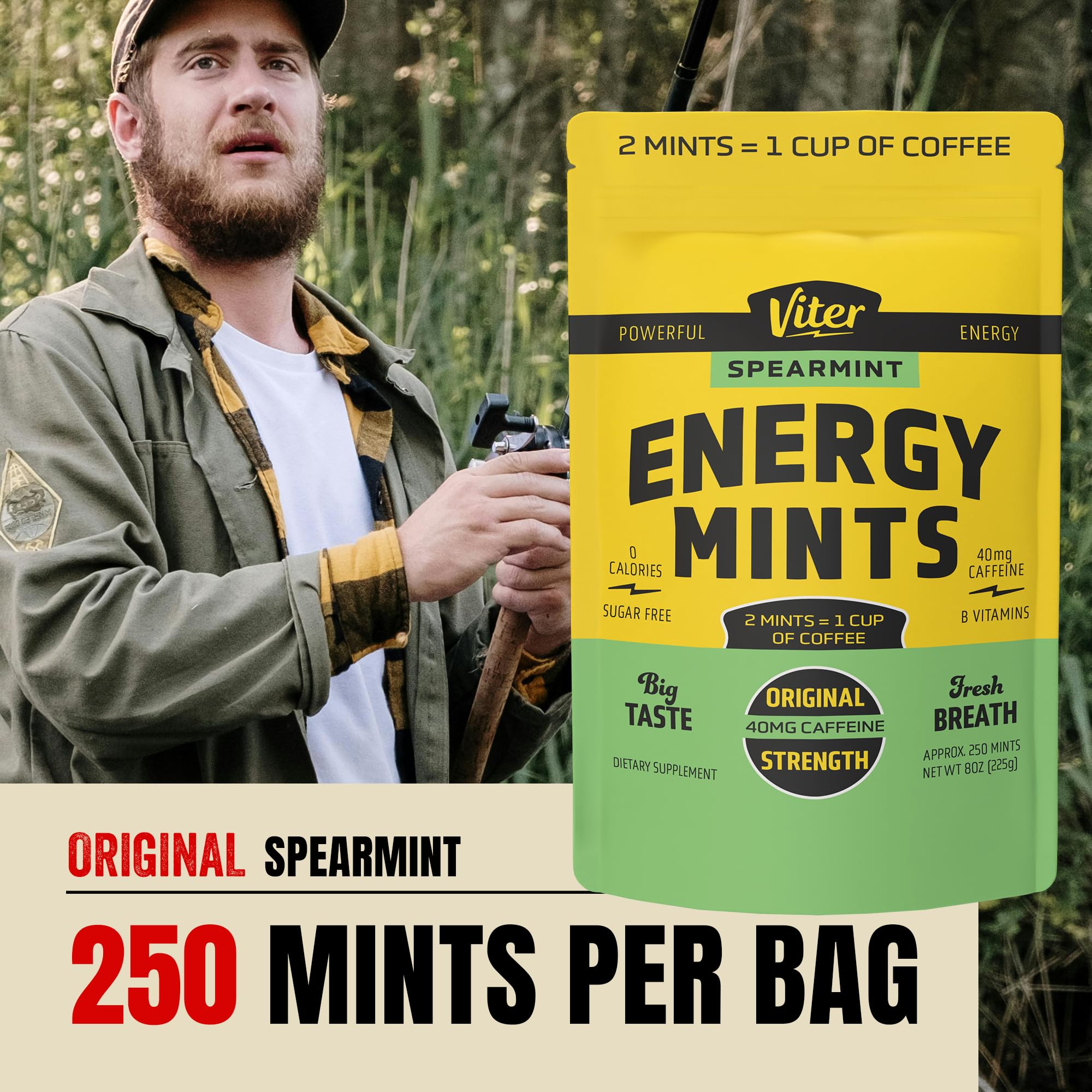 Viter Energy 40mg Caffeine Mints - Sugar Free, B Vitamins, Vegan, Boosts Fast Energized Alert Focus, Caffeinated Nootropic Supplement Pills (Spearmint Flavor, 8oz, Bulk Bag)