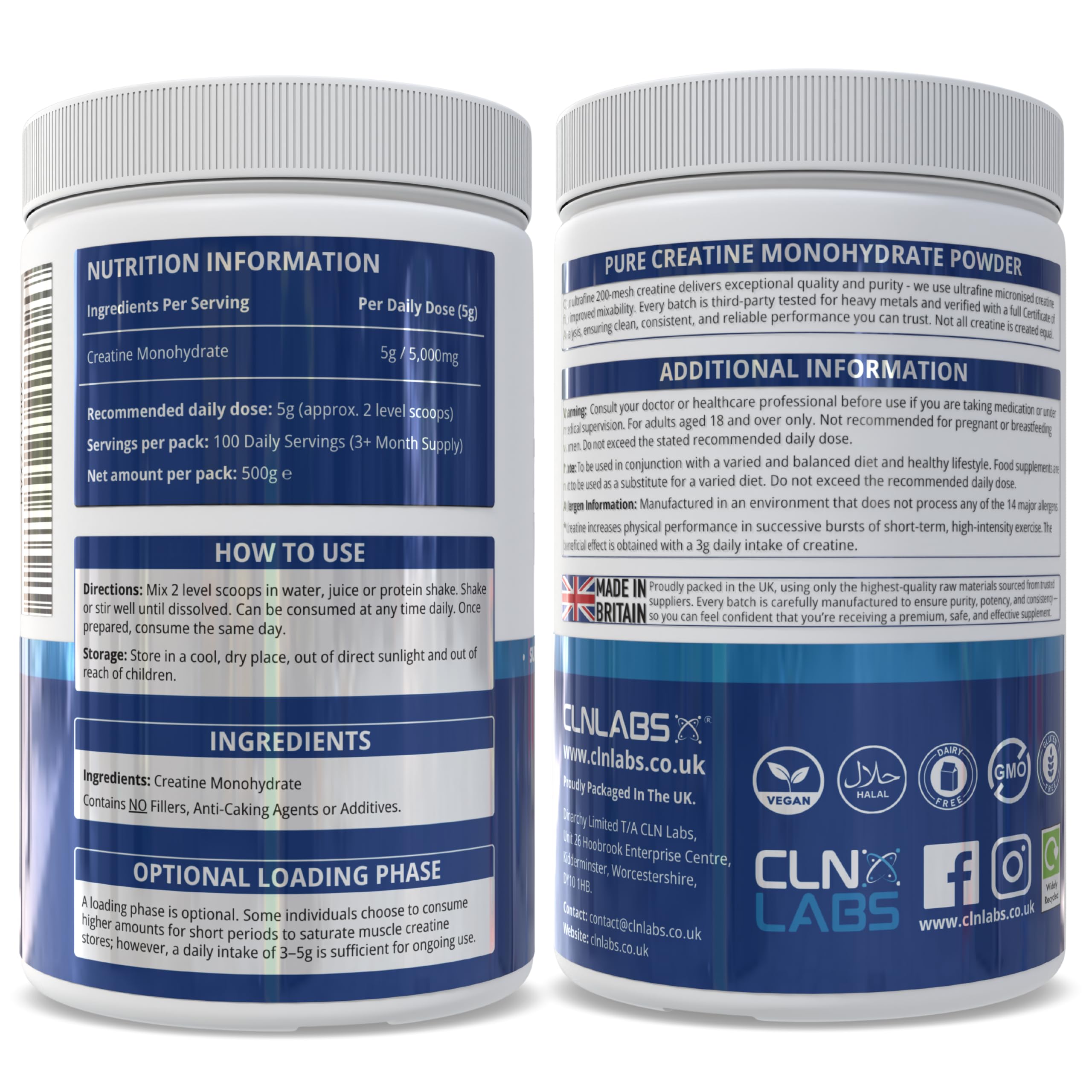 Creatine Monohydrate Powder - 500g Tub (200 Mesh) | Fine Grade, Pure & Mixes Easily | Includes Scoop | Unflavoured | Made in The UK By CLN Labs