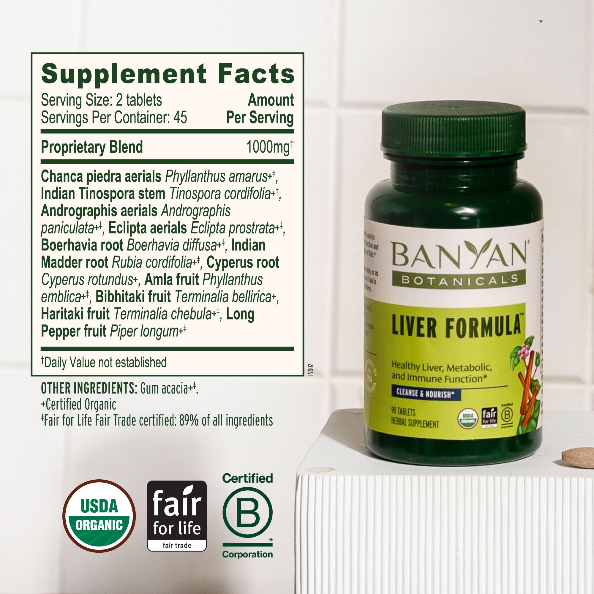 Banyan Botanicals Organic Liver Formula – Detox & Gallbladder Support – Cooling Bitter Herbs for Bile Production & Systemic Cleansing – with Guduchi & Punarnava – 90 Tablets – USDA Organic