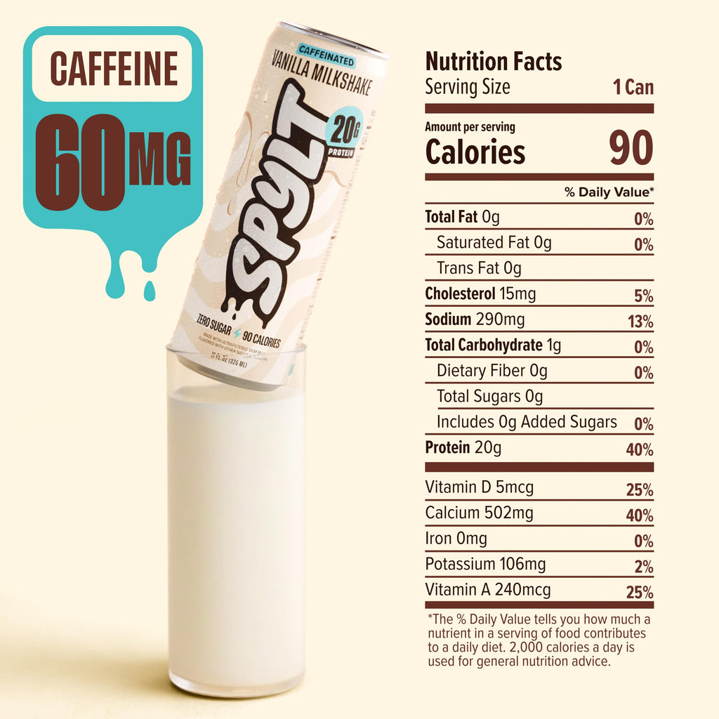 Spylt High Protein Vanilla Milkshake with 60mg Caffeine & 20g Protein - 90 Calories, Ready to Drink, Sugar Free, Lactose Free Milk, Perfect for Workout Recovery & Afternoon Pick Me Up - 12 Count - Packaging May Vary