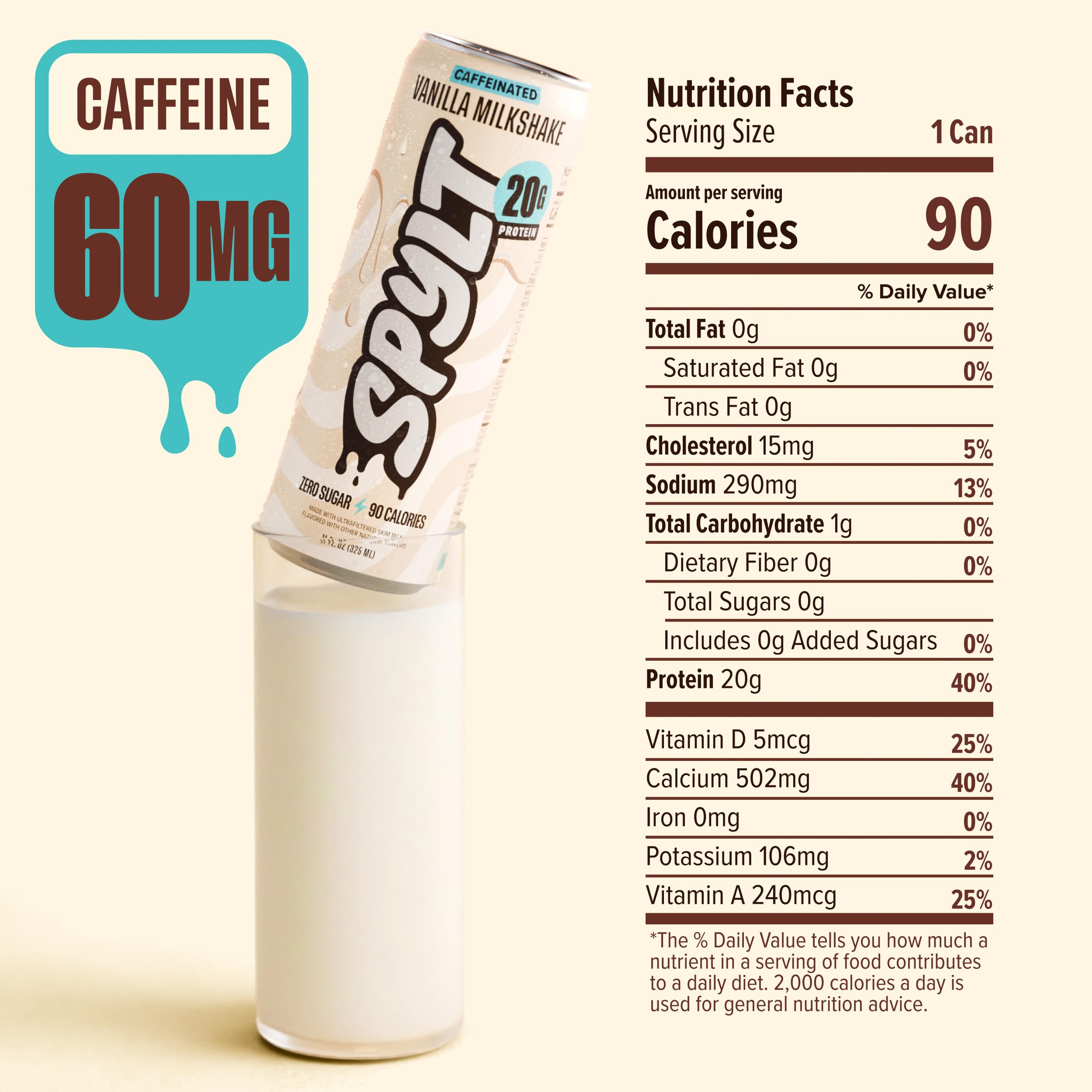Spylt High Protein Vanilla Milkshake with 60mg Caffeine & 20g Protein - 90 Calories, Ready to Drink, Sugar Free, Lactose Free Milk, Perfect for Workout Recovery & Afternoon Pick Me Up - 12 Count - Packaging May Vary