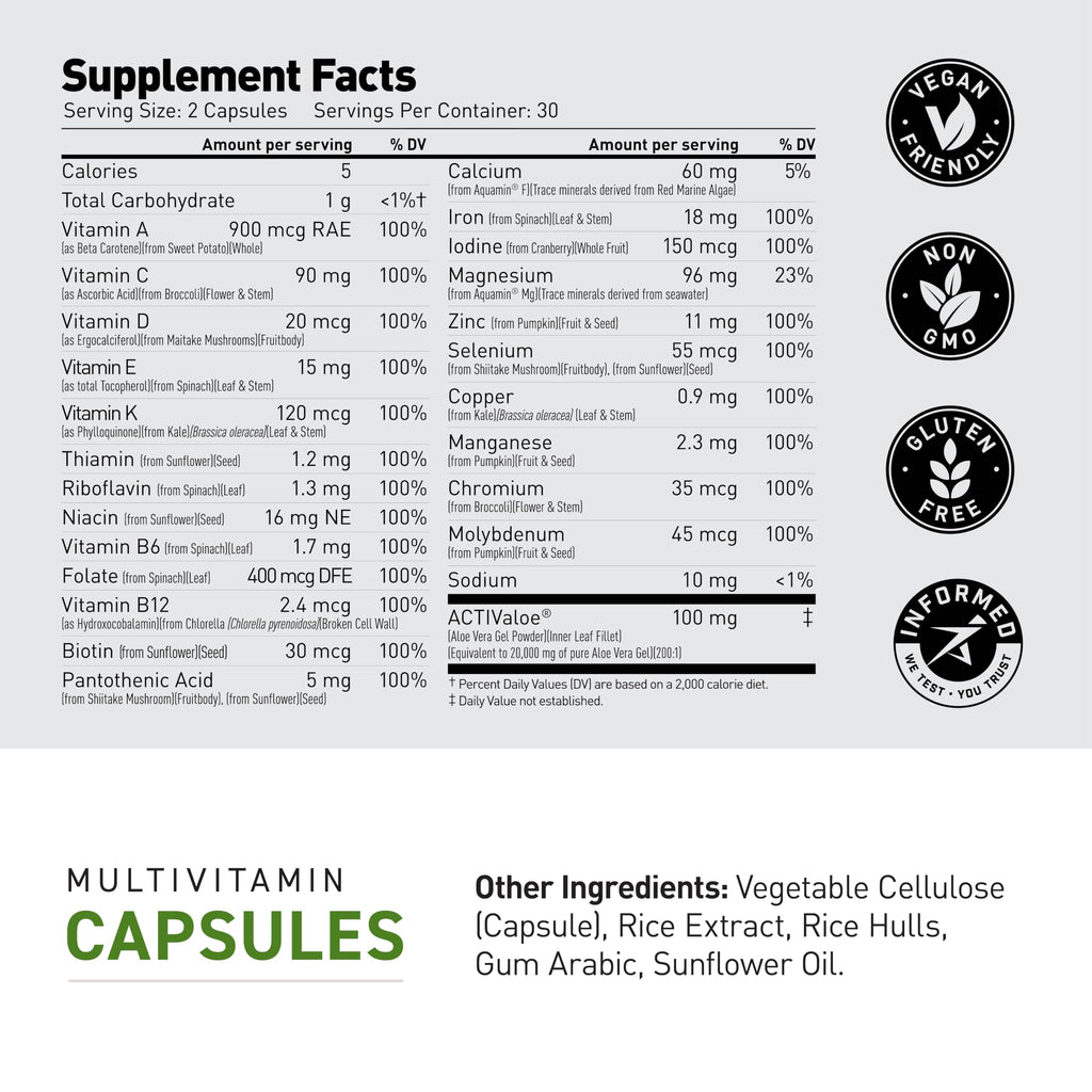 Kaged Multivitamin Capsules | Unflavored | Whole Foods Organic Fruits & Veggies | Plant Based Vegan Multivitamin | Vitamin C, D, E, B12 | Supplements for Men & Women | 30 Servings