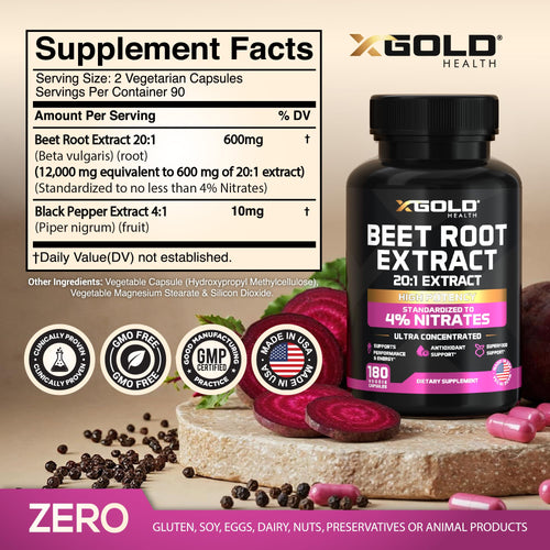 Beet Root Extract 20:1- Concentrated Beet Root Capsules Supplement w/Black Pepper - High Nitrates - Natural Nitric Oxide Booster - Highly Concentrated & Bioavailable - Made in USA -180 Caps