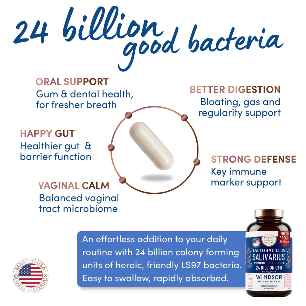 Lactobacillus Salivarius Probiotic - 24bn CFU L Salivarius Dental Probiotics for Teeth and Gums - Bad Breath Treatment for Adults, Immune Support, Digestive Health - 60 Oral Probiotic Capsules