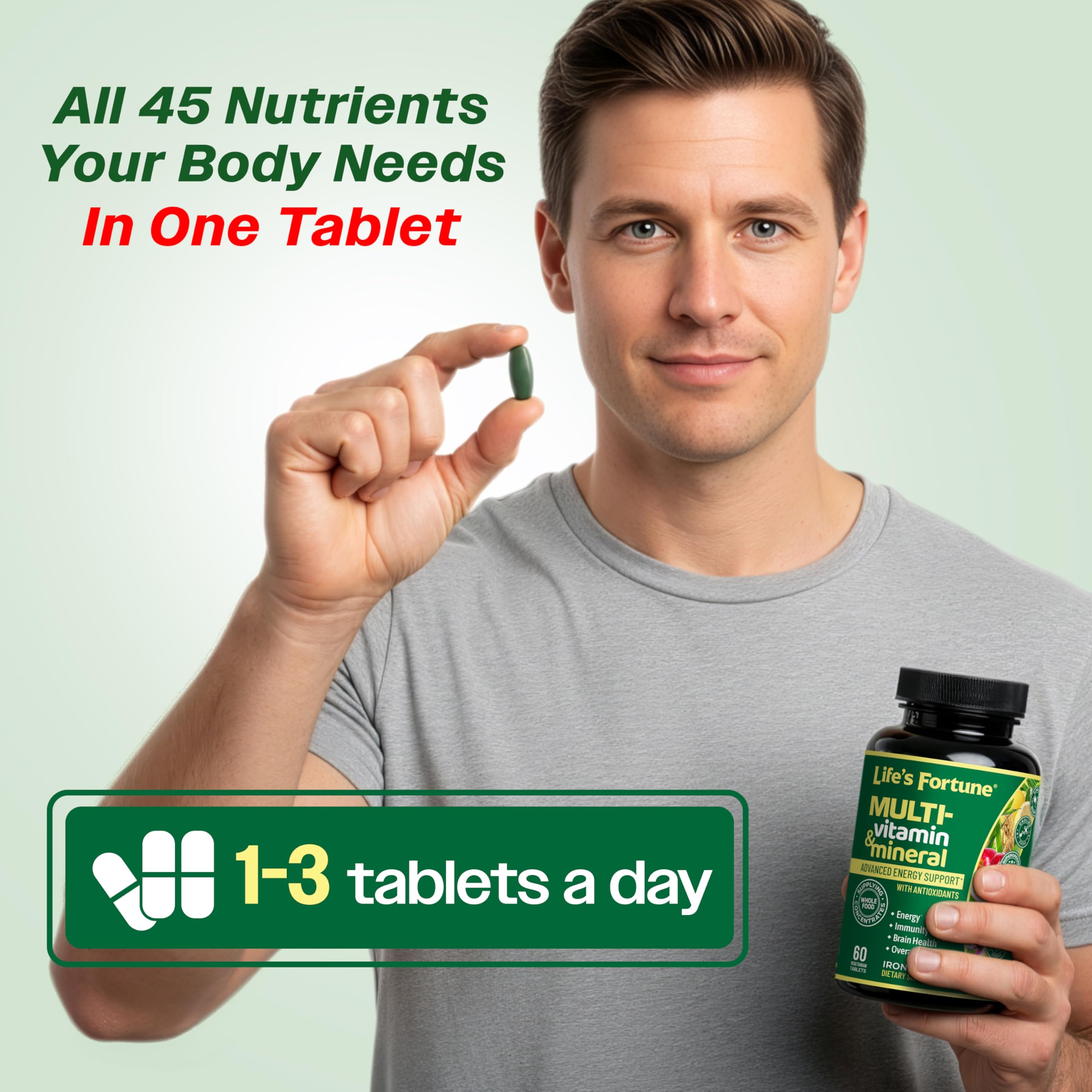 Life's Fortune Whole Food Multivitamin & Mineral Supplement for Men & Women | Daily Energy Support Vitamins | Immune, Brain & Metabolism Support | Iron Free, 60 Vegetarian Tablets