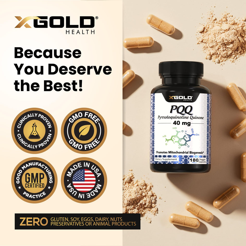 X Gold Health PQQ 40mg Supplement – Mitochondrial Energy Booster & Cellular Energy Support – Pyrroloquinoline Quinone – Brain & Focus Support – Non-GMO, Gluten-Free – 180 Veg Capsules